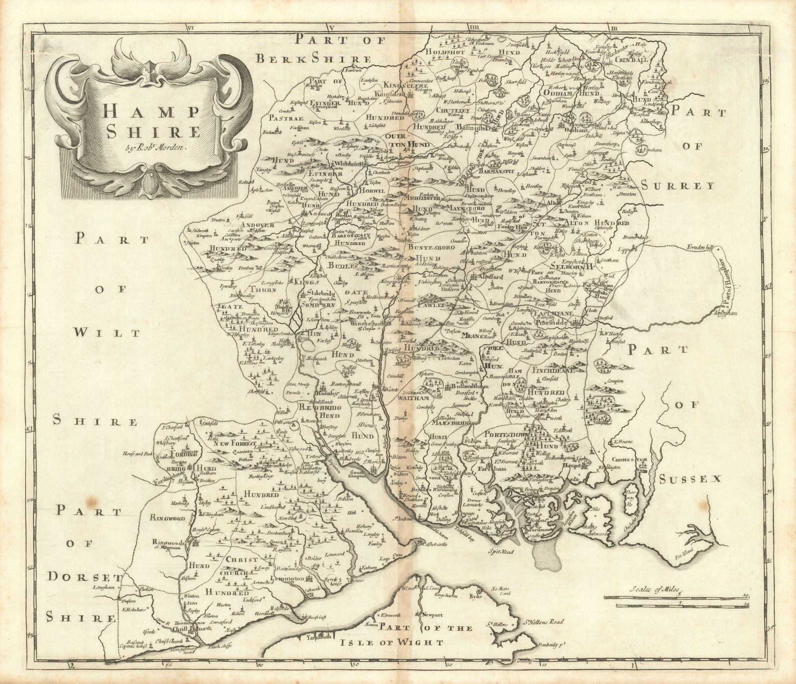 Hampshire. 'HAMP SHIRE' by ROBERT MORDEN from Camden's Britannia 1695 old map