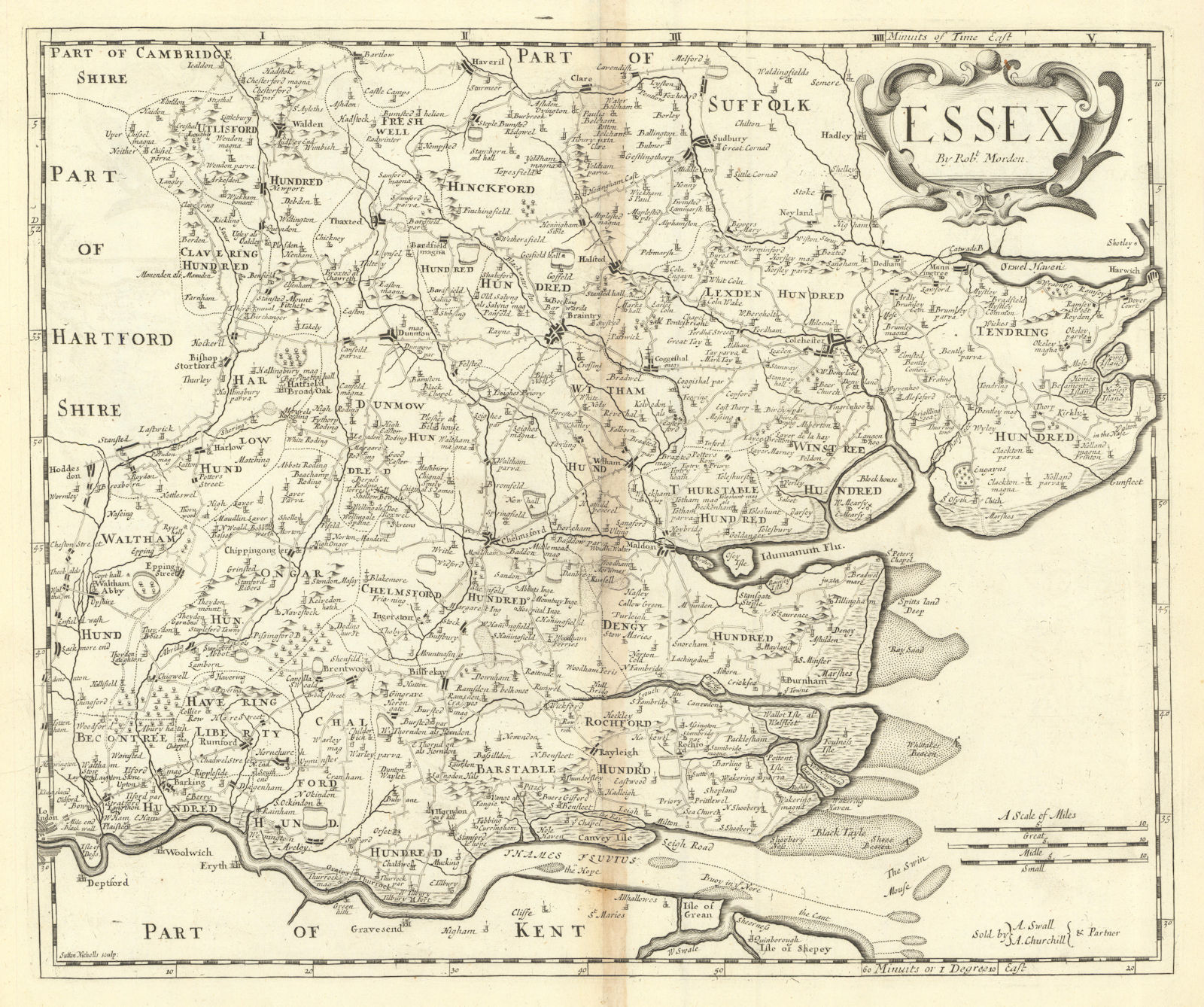 Essex by ROBERT MORDEN from Camden's Britannia 1695 old antique map plan chart