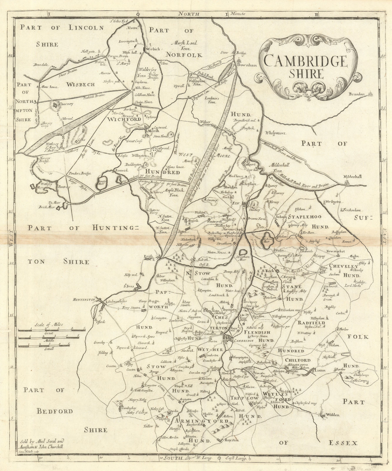 CAMBRIDGESHIRE by ROBERT MORDEN from Camden's Britannia 1695 old antique map