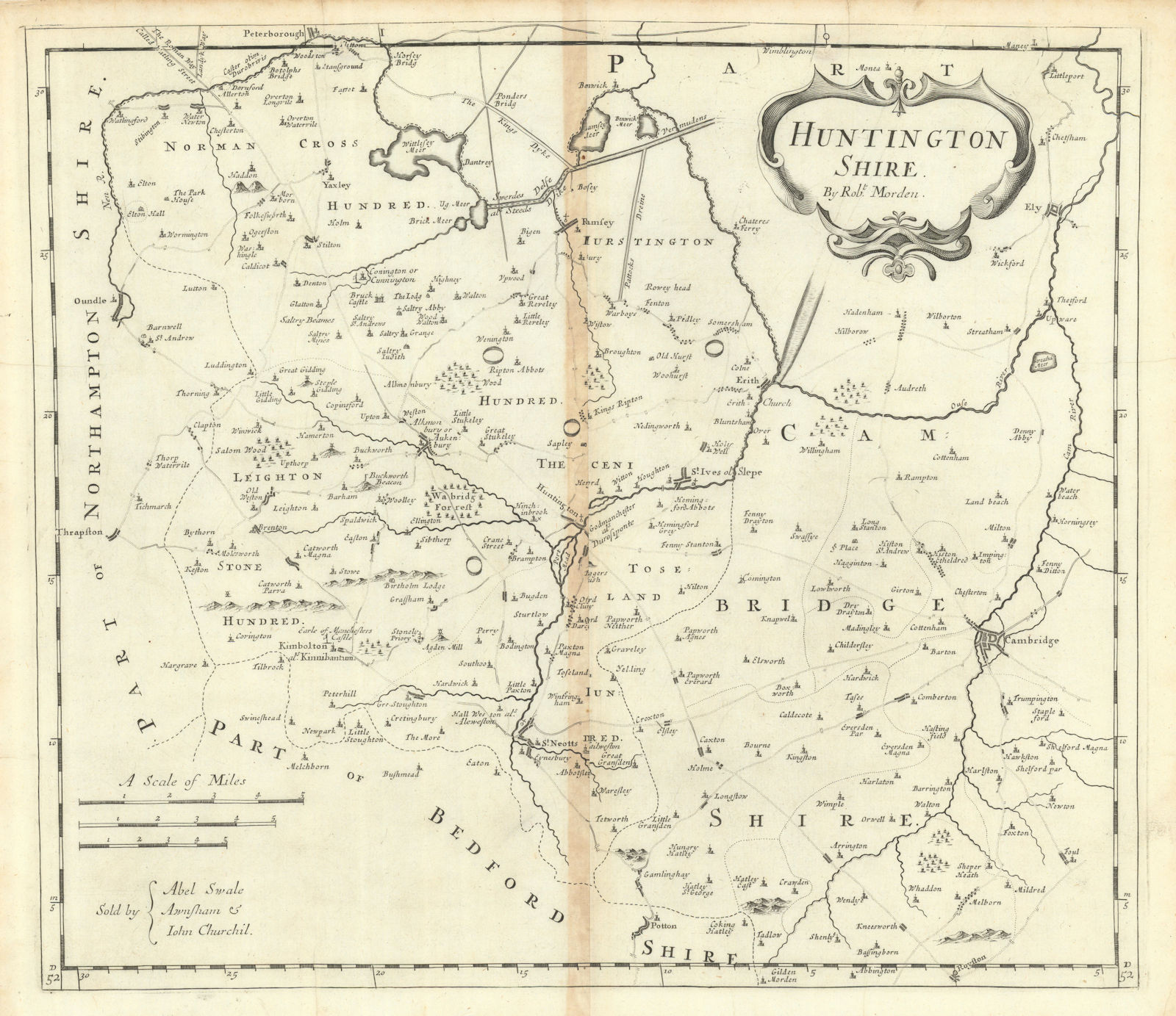 'HUNTINGTON SHIRE' Huntingdonshire by ROBERT MORDEN. Camden's Britannia 1695 map