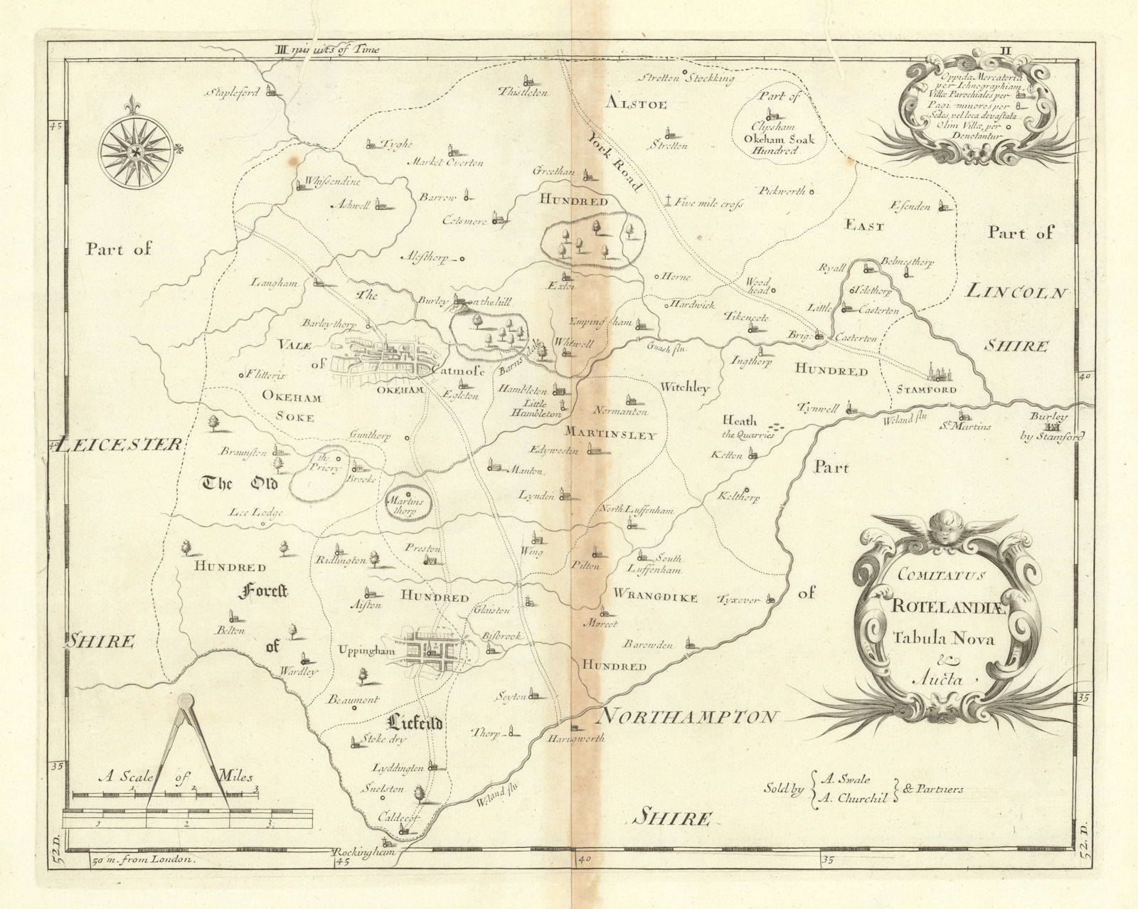 Rutland. 'COMITATUS ROTELANDIAE' by ROBERT MORDEN. Uppingham & Oakham 1695 map