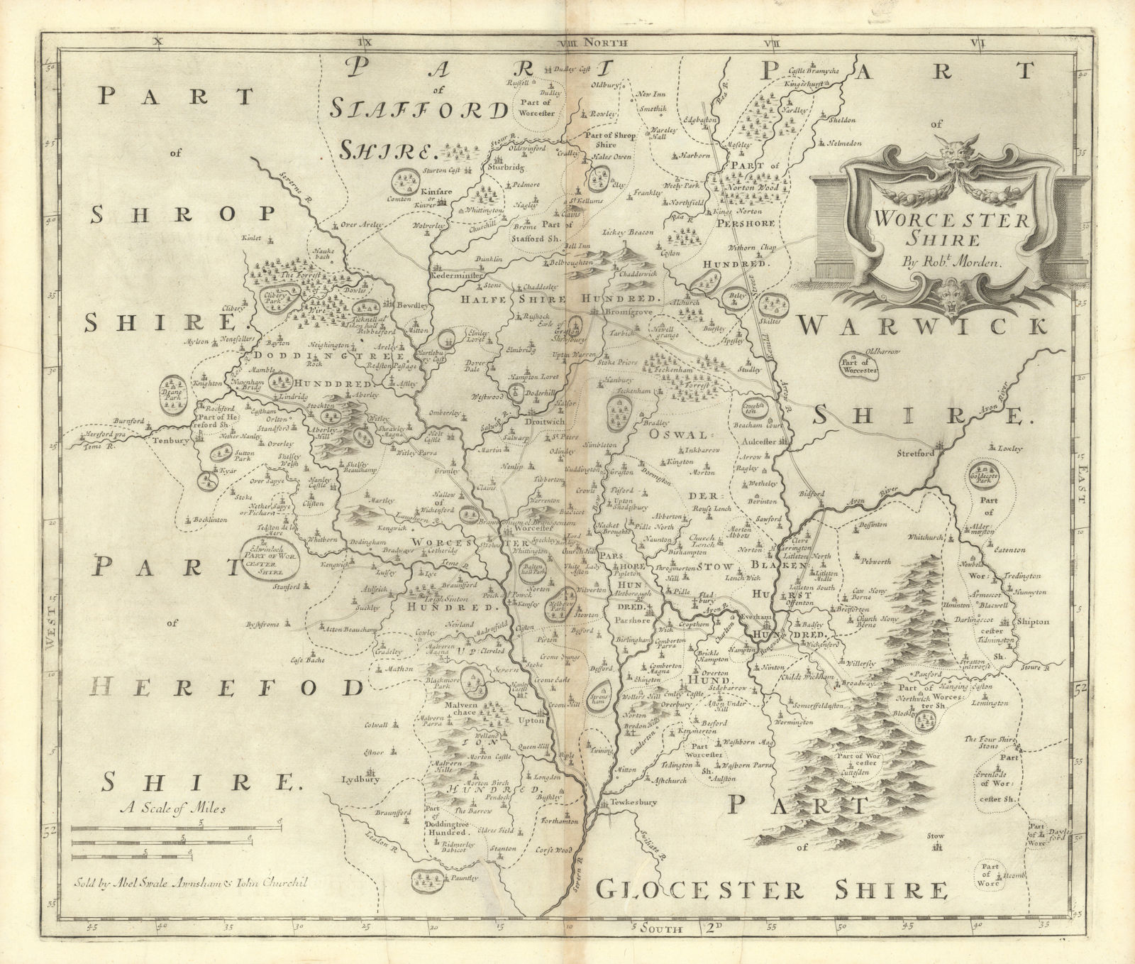 WORCESTERSHIRE by ROBERT MORDEN from Camden's Britannia 1695 old antique map