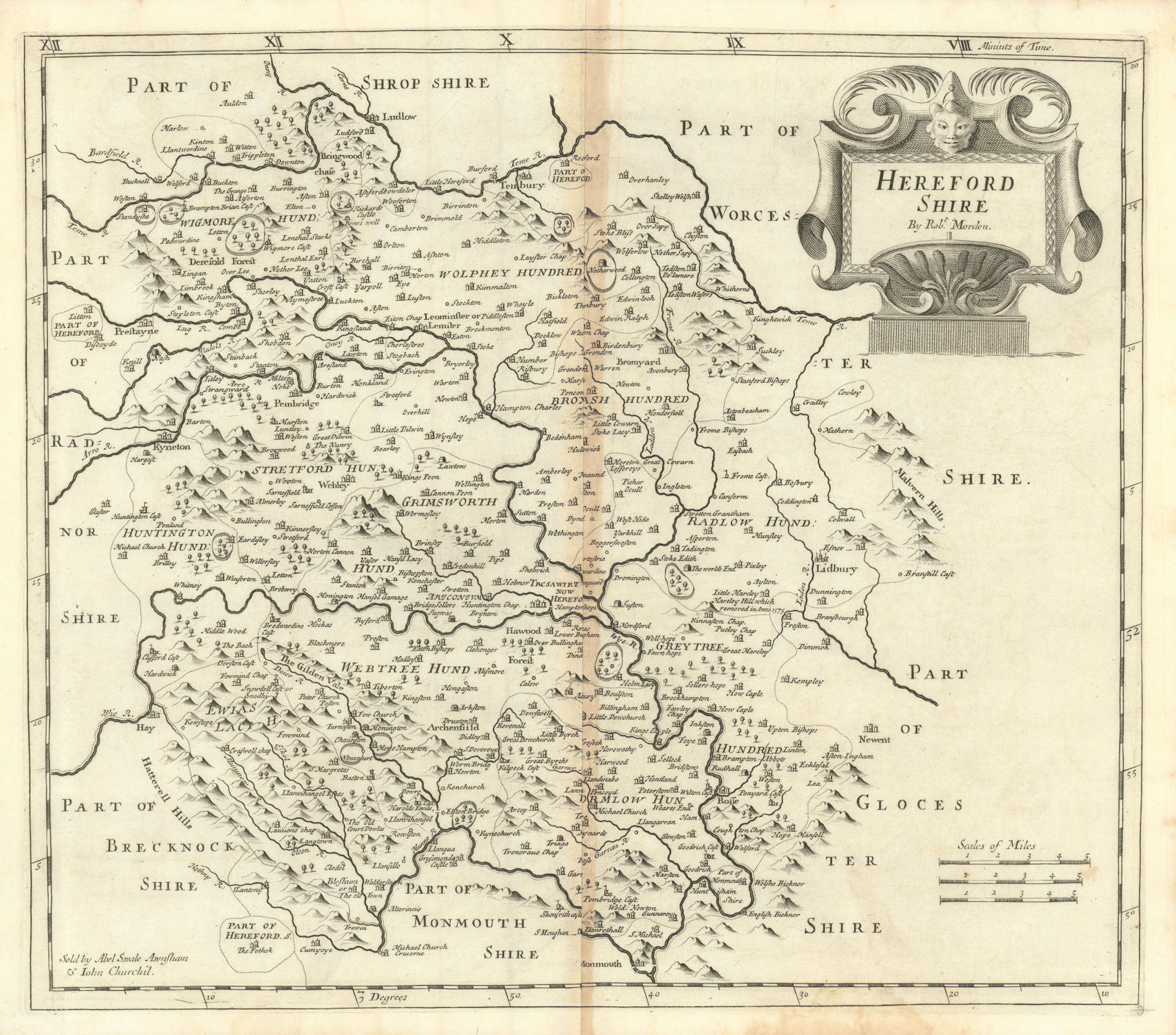 Herefordshire. 'HEREFORD SHIRE' by ROBERT MORDEN. Camden's Britannia 1695 map