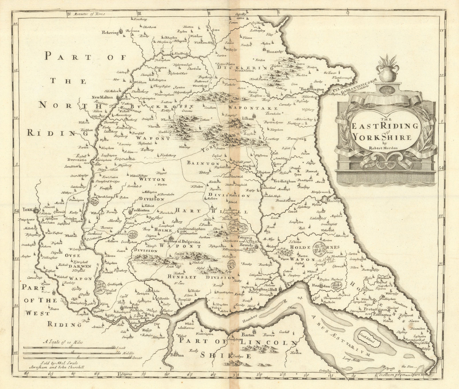EAST RIDING OF YORKSHIRE by ROBERT MORDEN from Camden's Britannia 1695 old map