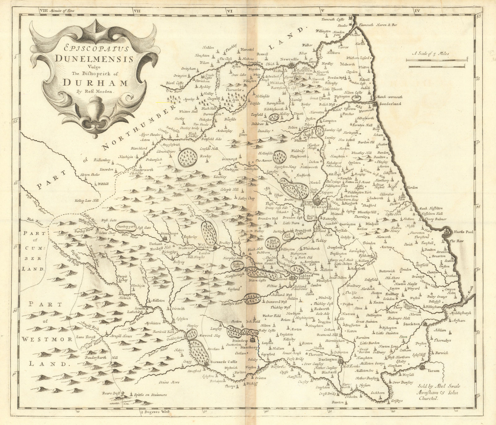 Bishopric of Durham. 'EPISCOPAIUS DUNELMENSIS' by ROBERT MORDEN 1695 old map