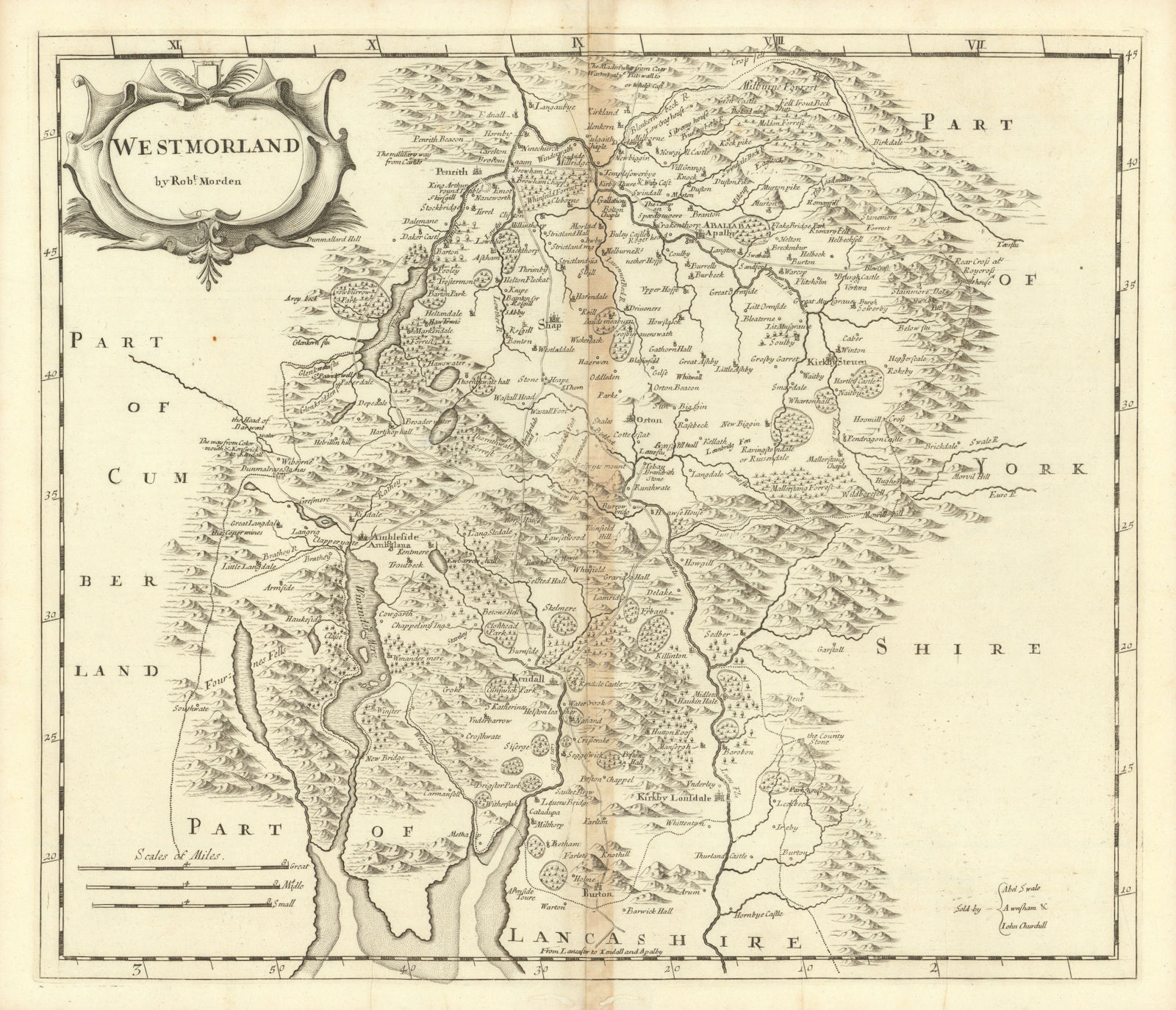 Westmoreland. 'WESTMORLAND' by ROBERT MORDEN from Camden's Britannia 1695 map