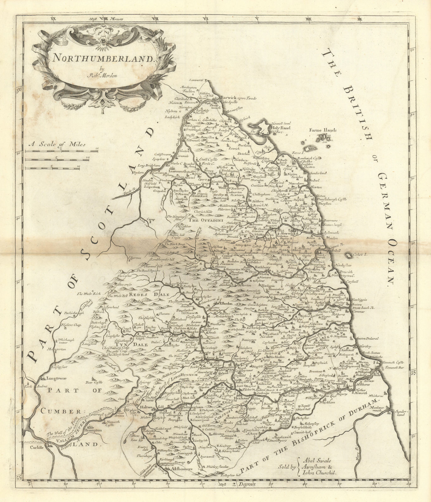 NORTHUMBERLAND by ROBERT MORDEN from Camden's Britannia 1695 old antique map