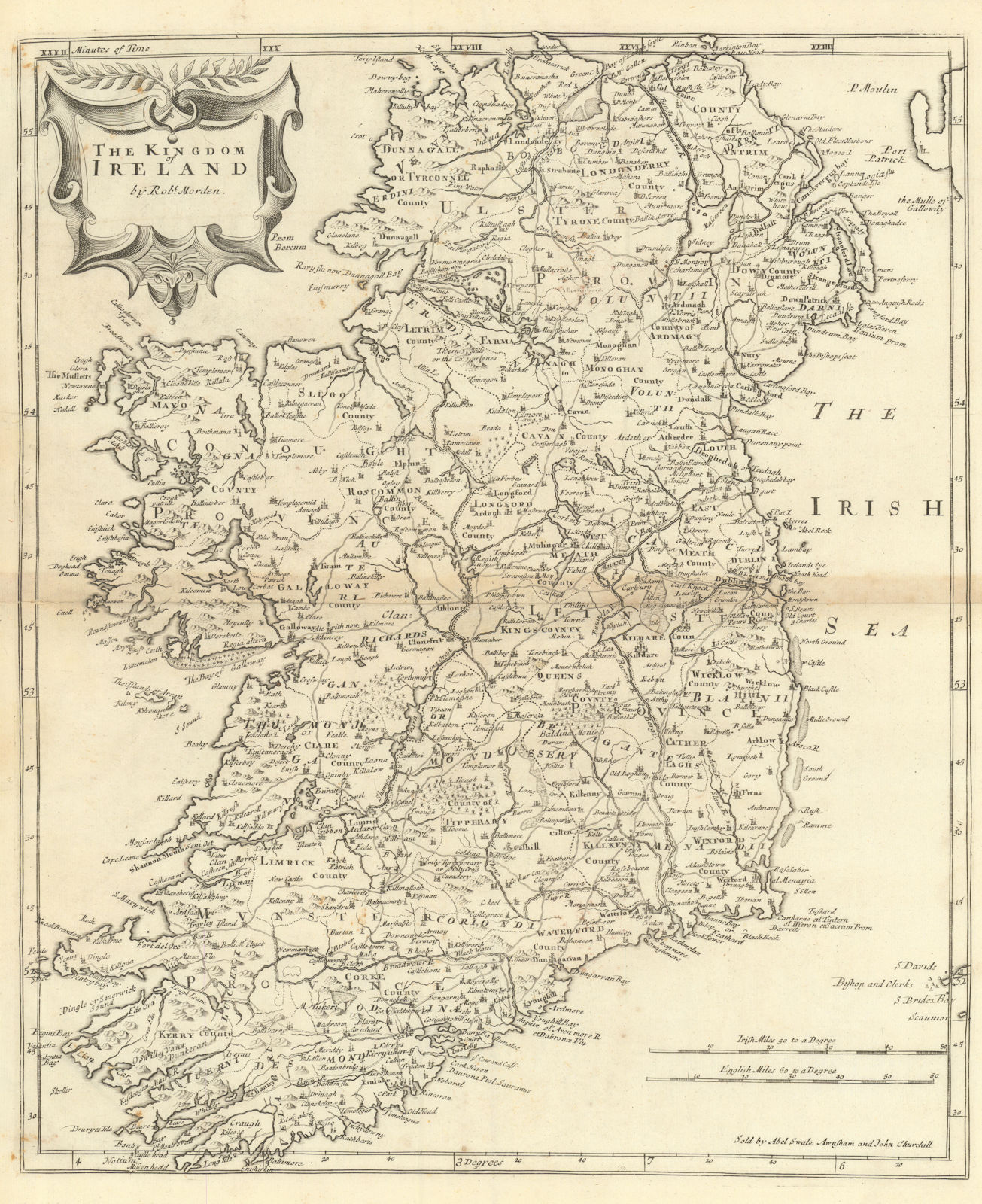 THE KINGDOM OF IRELAND by ROBERT MORDEN from Camden's Britannia 1695 old map