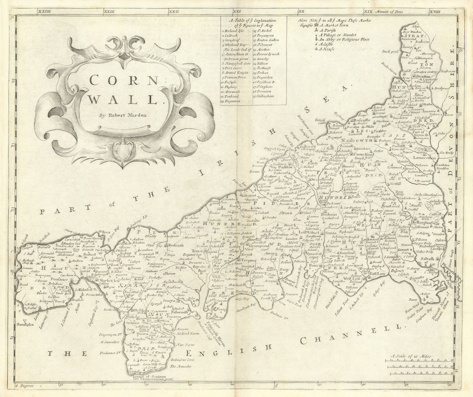 CORNWALL by ROBERT MORDEN from Camden's Britannia 1722 old antique map chart