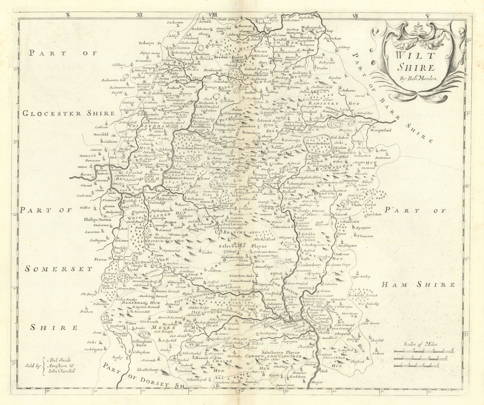 Wiltshire. 'WILT SHIRE' by ROBERT MORDEN from Camden's Britannia 1722 old map