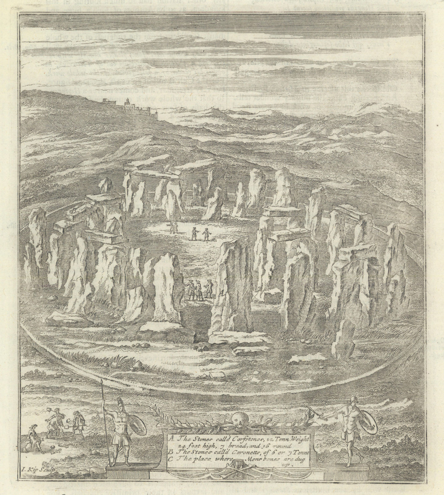 View of Stonehenge from Camden's Britannia by Kip 1722 old antique print
