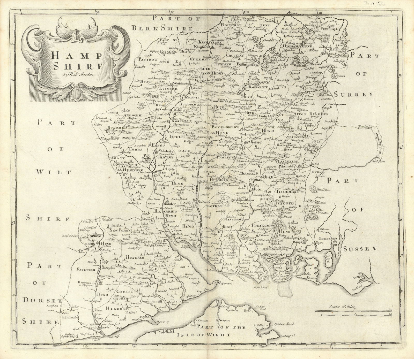 Hampshire. 'HAMP SHIRE' by ROBERT MORDEN from Camden's Britannia 1722 old map