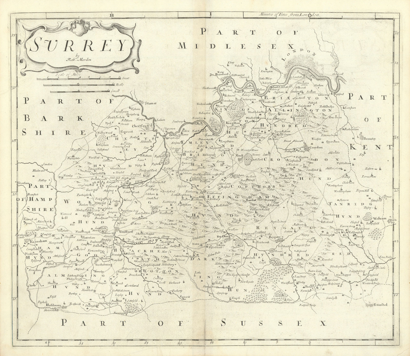SURREY by ROBERT MORDEN from Camden's Britannia 1722 old antique map chart