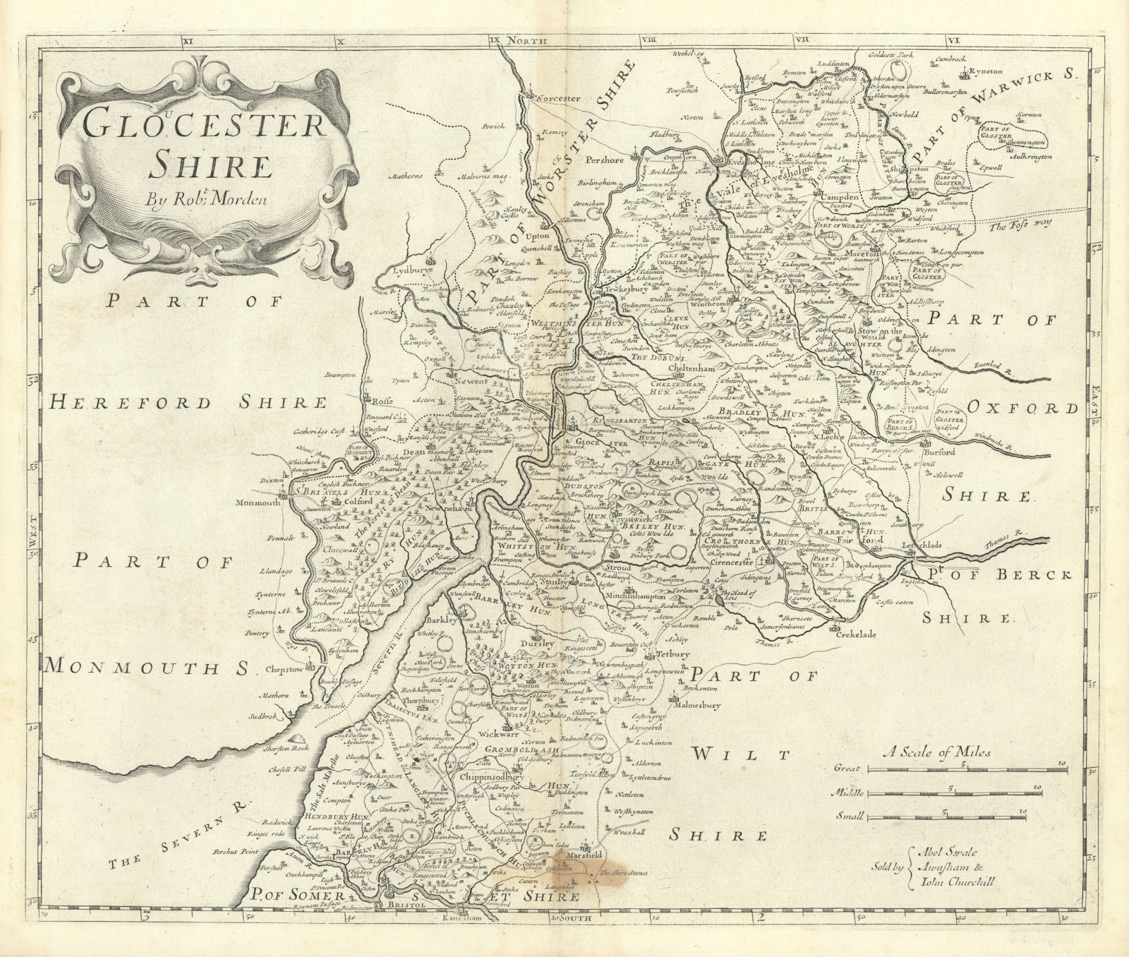 GLOUCESTERSHIRE by ROBERT MORDEN from Camden's Britannia 1722 old antique map