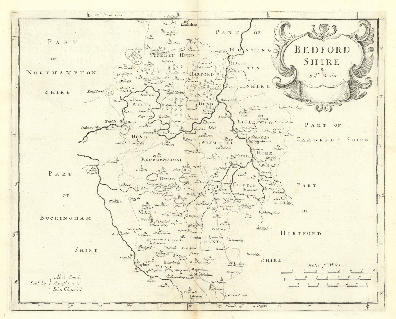 Bedfordshire. 'BEDFORD SHIRE' by ROBERT MORDEN from Camden's Britannia 1722 map