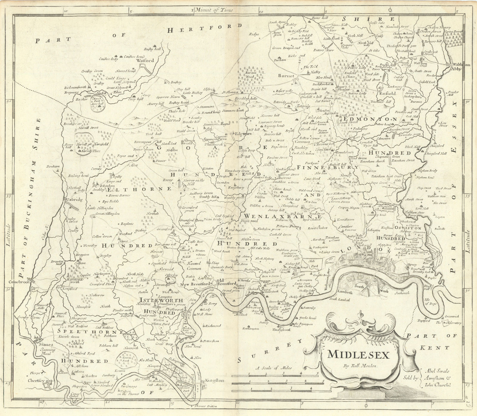 Middlesex. 'MIDLESEX' by ROBERT MORDEN.Present-day North & West London 1722 map