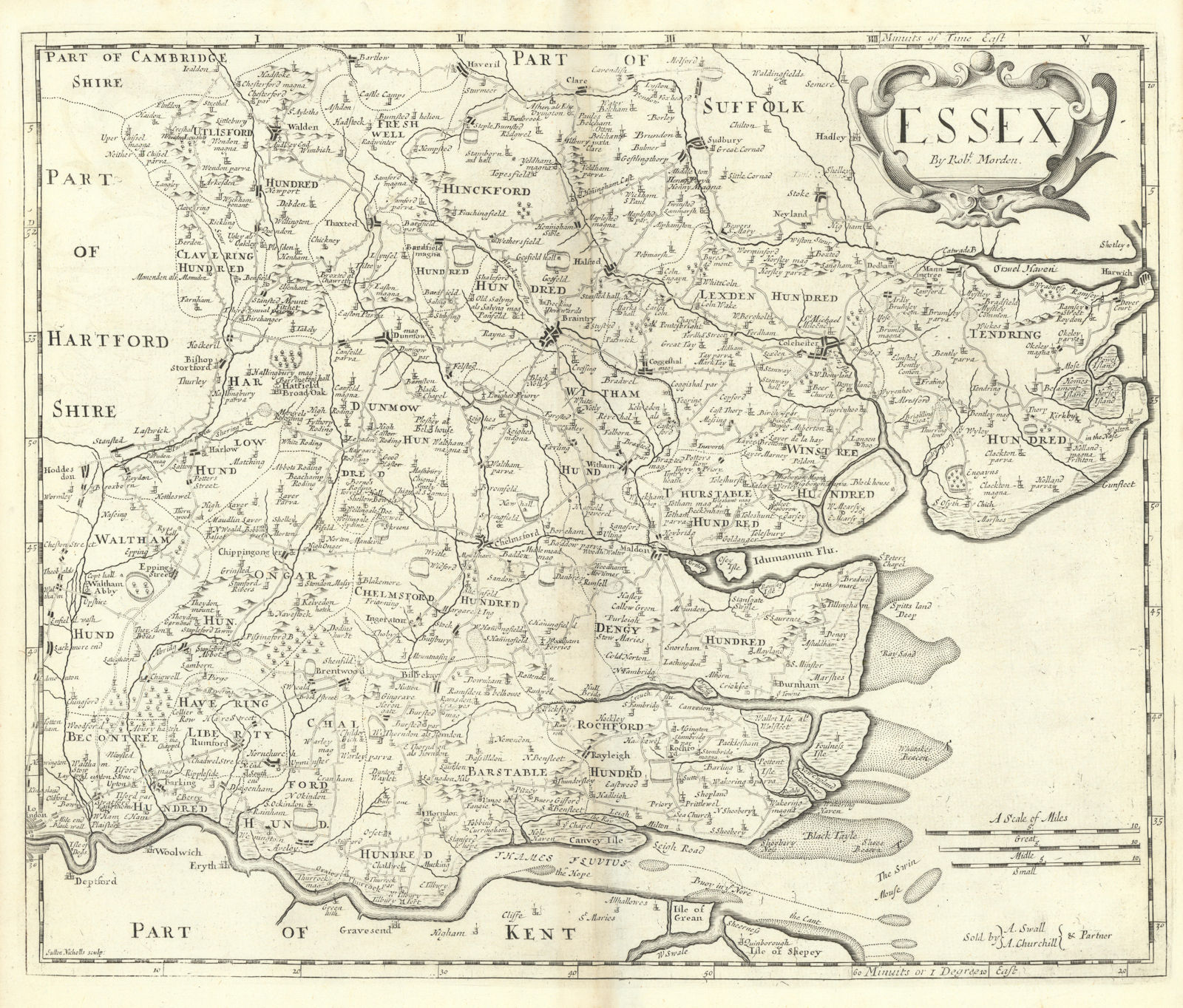 Essex by ROBERT MORDEN from Camden's Britannia 1722 old antique map plan chart