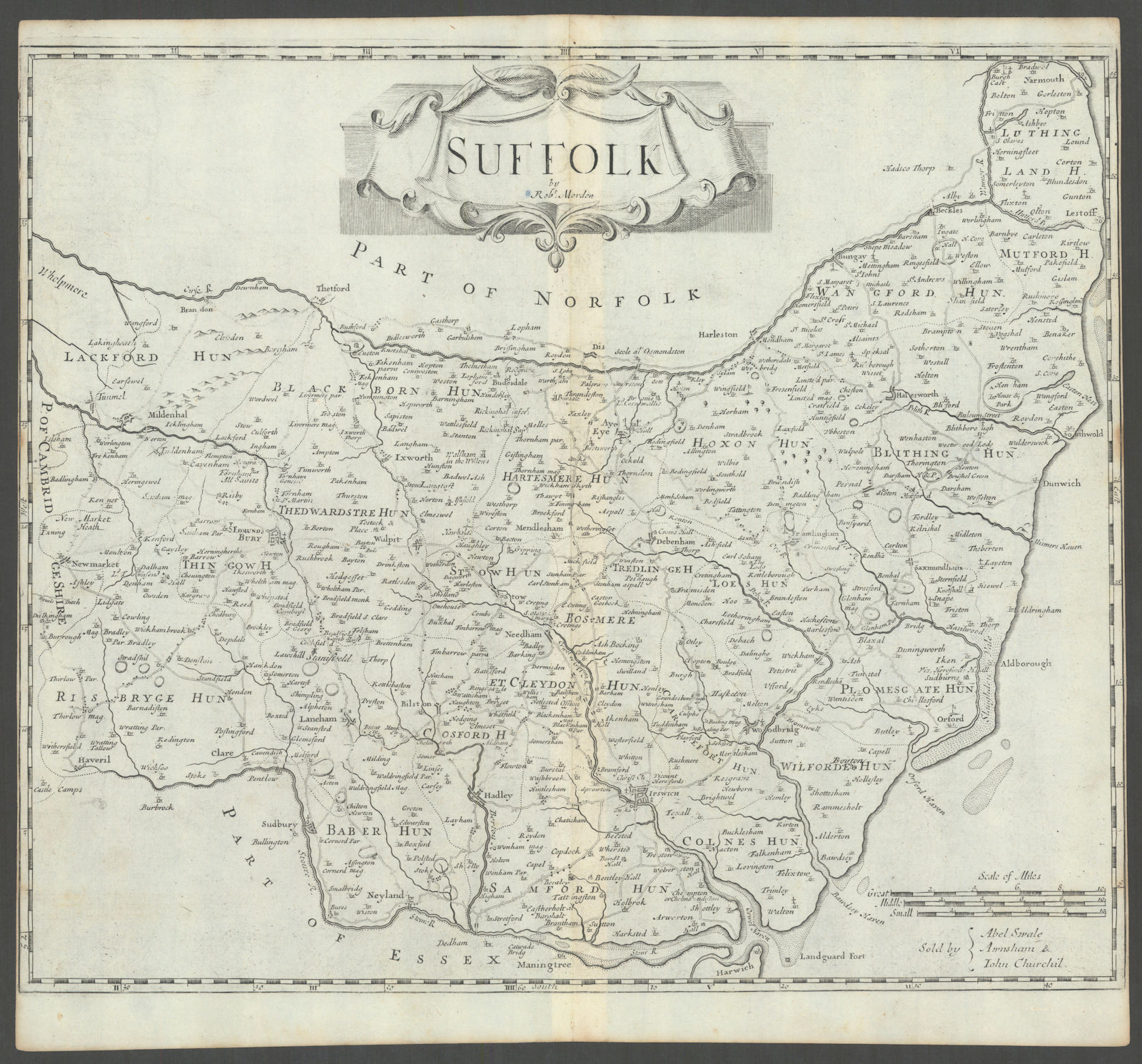 Suffolk by ROBERT MORDEN from Camden's Britannia 1722 old antique map chart