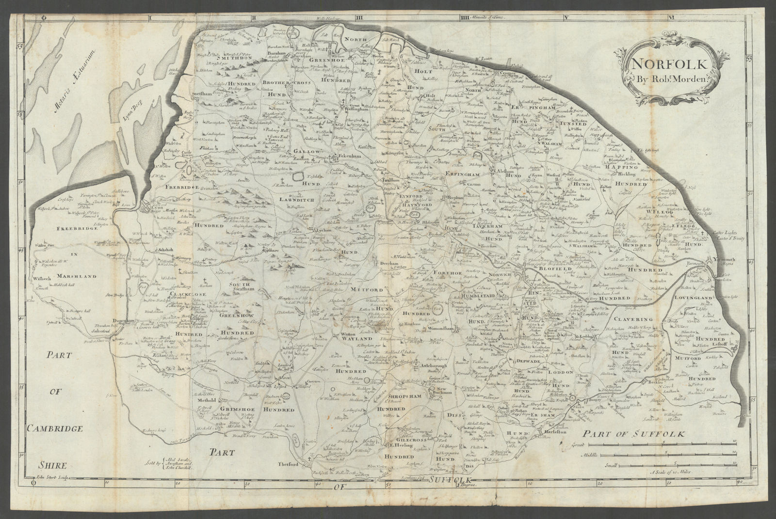 Norfolk by ROBERT MORDEN from Camden's Britannia 1722 old antique map chart