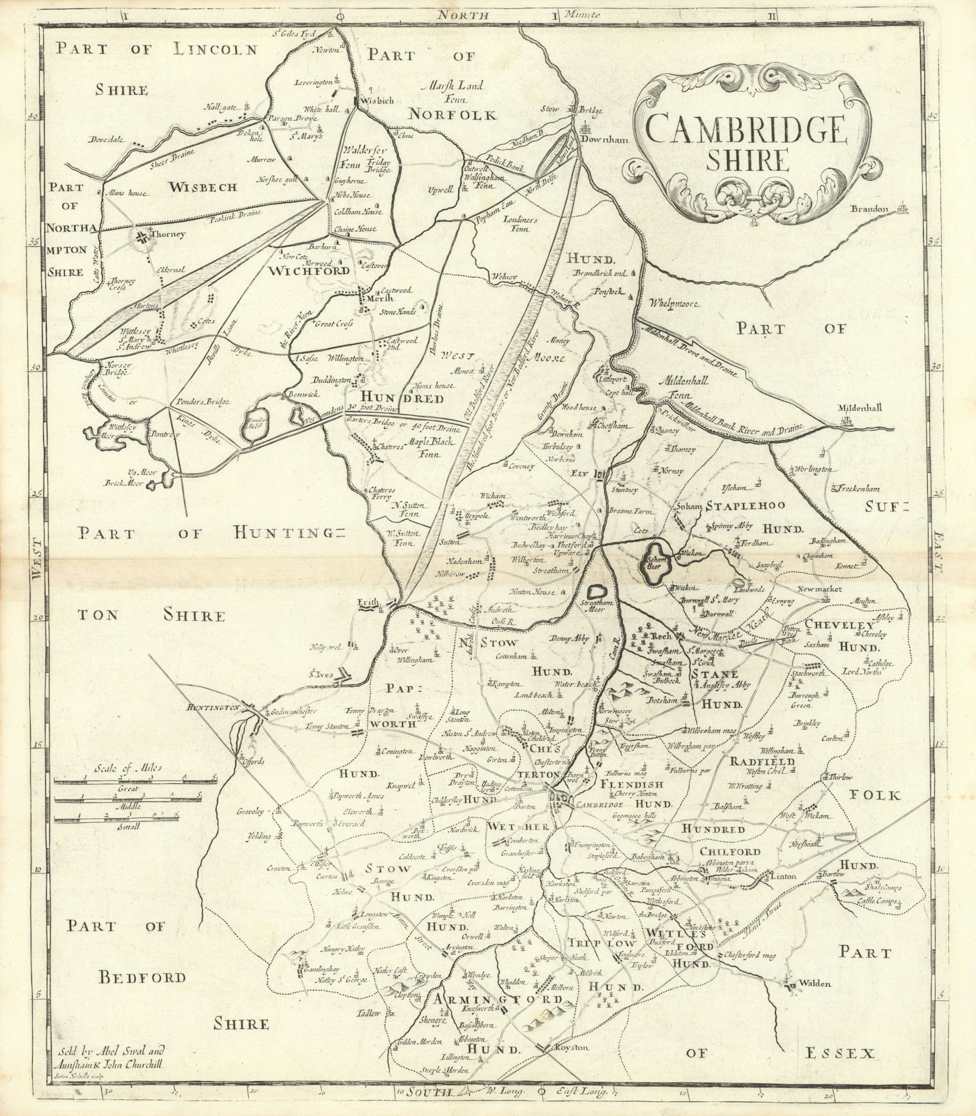 CAMBRIDGESHIRE by ROBERT MORDEN from Camden's Britannia 1722 old antique map