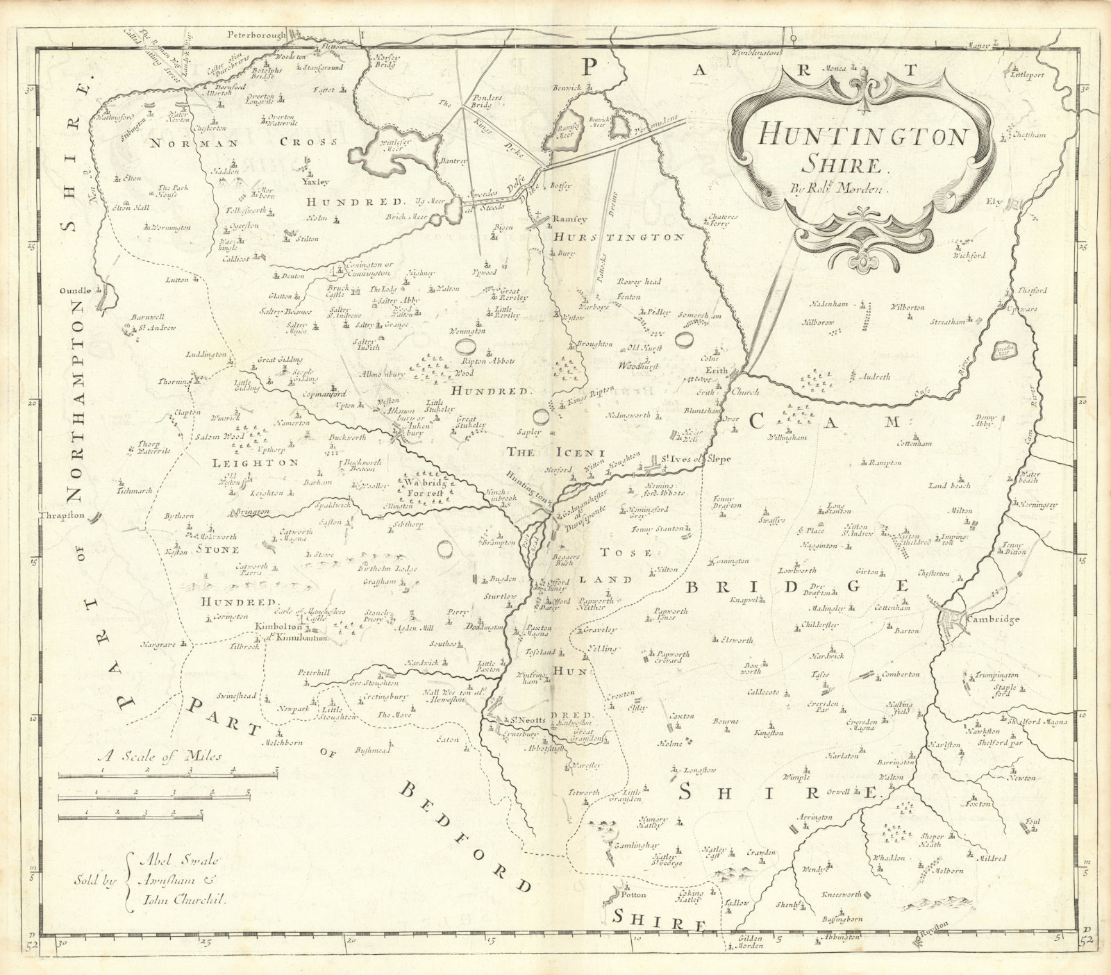 'HUNTINGTON SHIRE' Huntingdonshire by ROBERT MORDEN. Camden's Britannia 1722 map