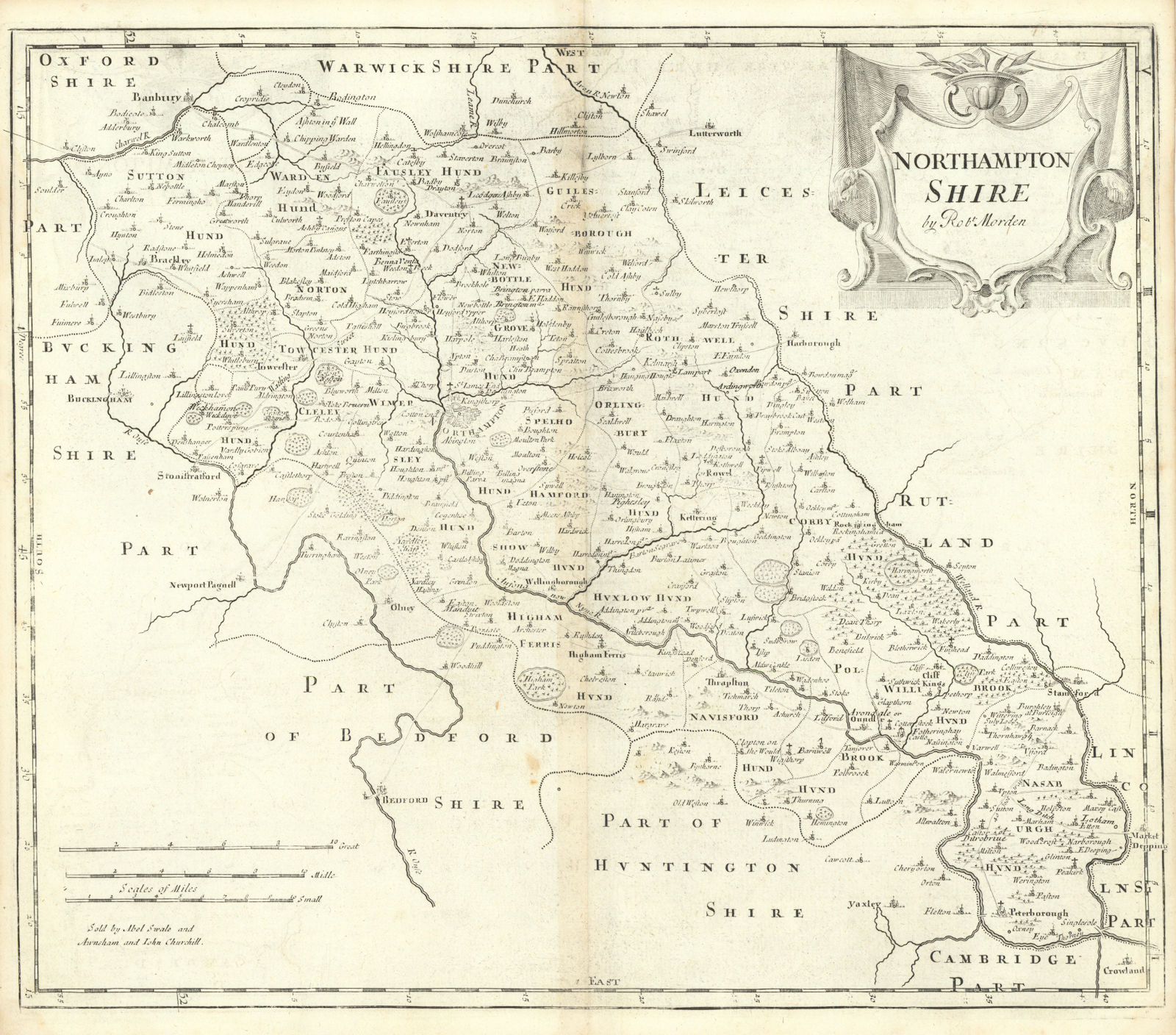NORTHAMPTONSHIRE by ROBERT MORDEN from Camden's Britannia 1722 old antique map