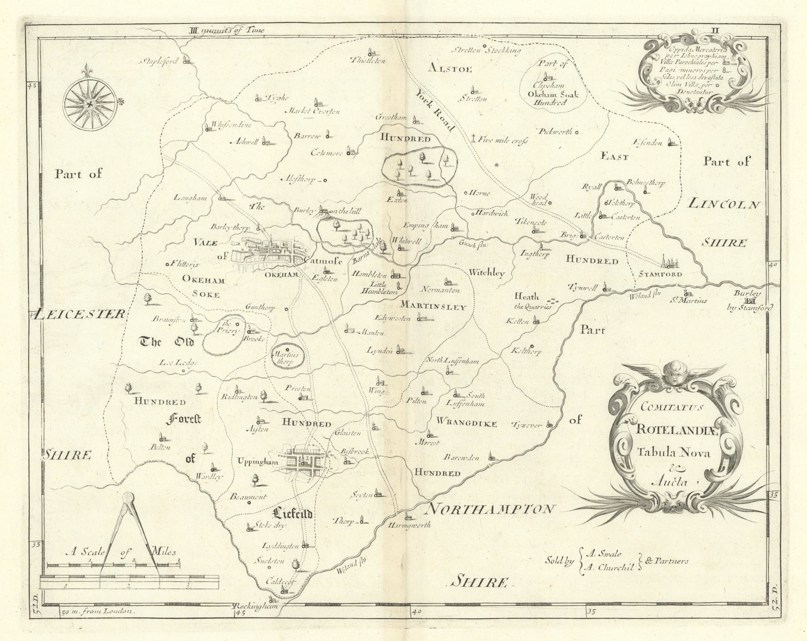 Rutland. 'COMITATUS ROTELANDIAE' by ROBERT MORDEN. Uppingham & Oakham 1722 map
