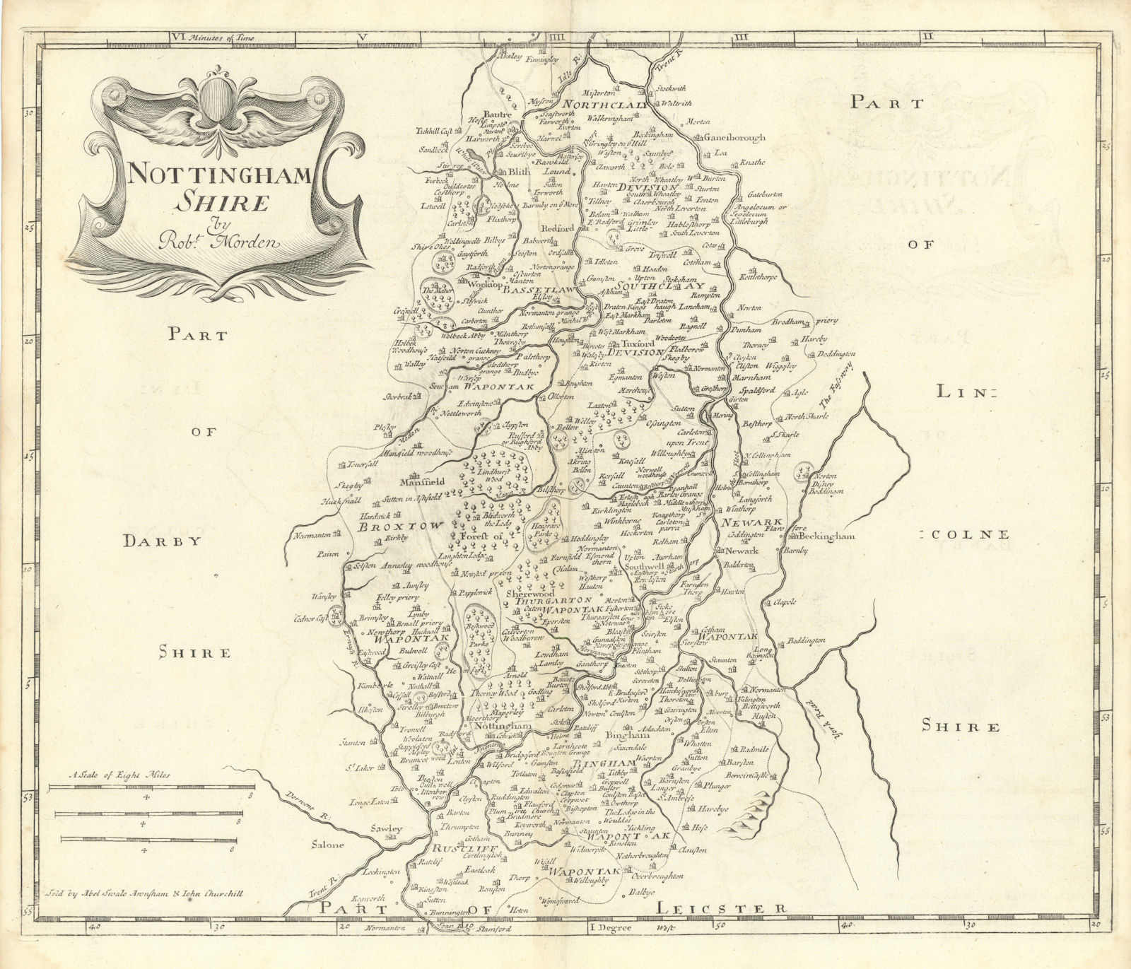 NOTTINGHAMSHIRE from Camden's Britannia by ROBERT MORDEN 1722 old antique map