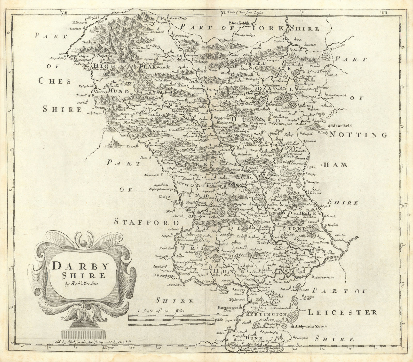 Associate Product Derbyshire. 'DARBY SHIRE' by ROBERT MORDEN. Shows Peak District 1722 old map