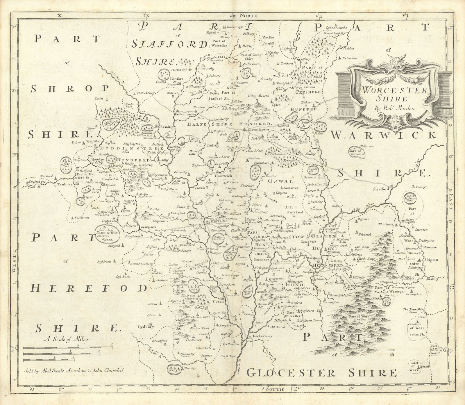 WORCESTERSHIRE by ROBERT MORDEN from Camden's Britannia 1722 old antique map