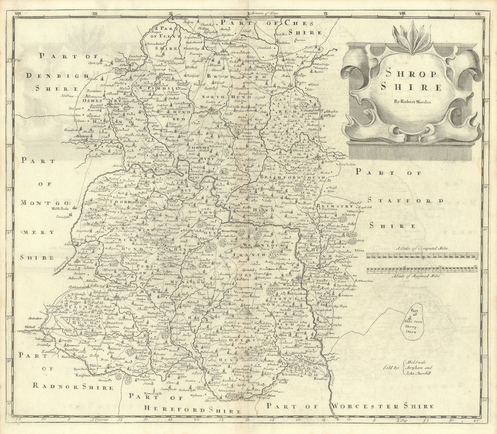 Shropshire. 'SHROP SHIRE' by ROBERT MORDEN from Camden's Britannia 1722 map