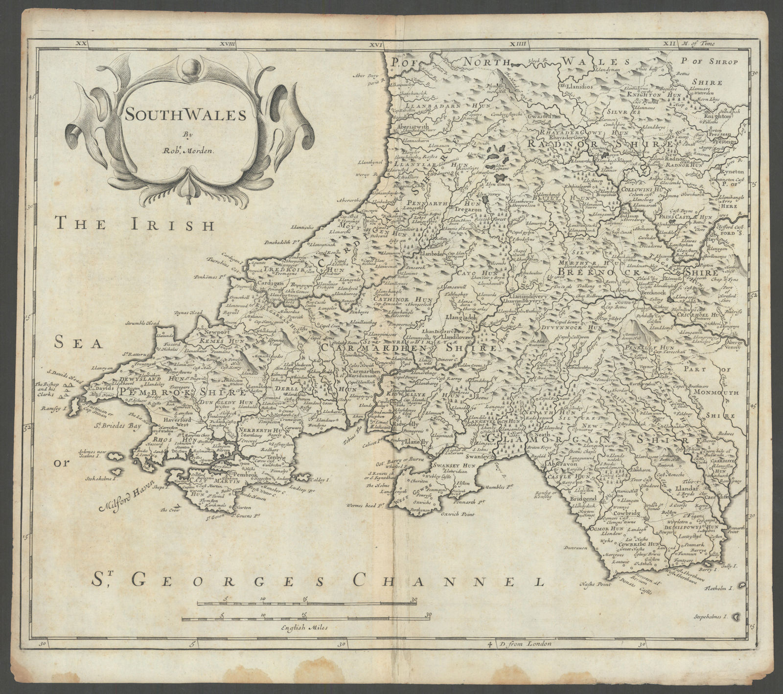 SOUTH WALES by ROBERT MORDEN from Camden's Britannia 1722 old antique map