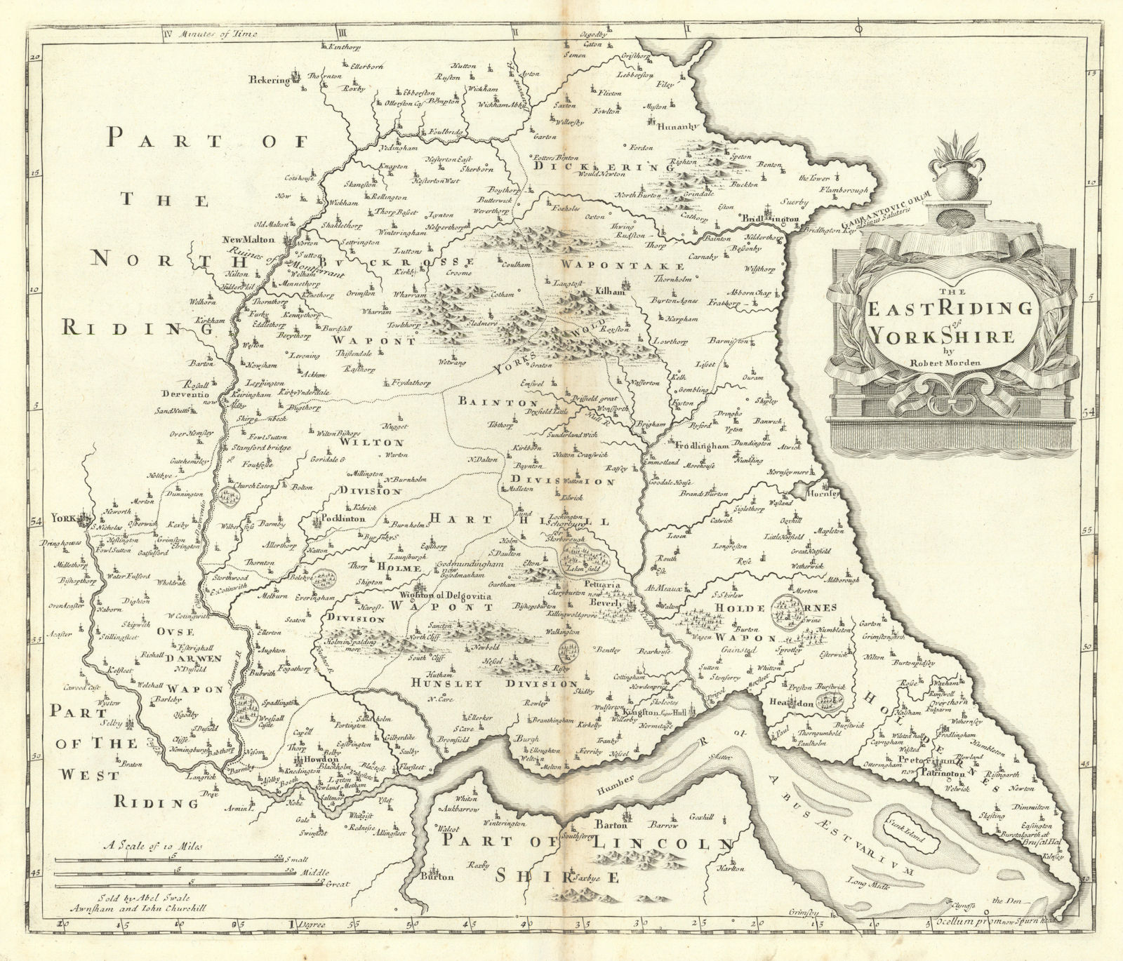 EAST RIDING OF YORKSHIRE by ROBERT MORDEN from Camden's Britannia 1722 old map