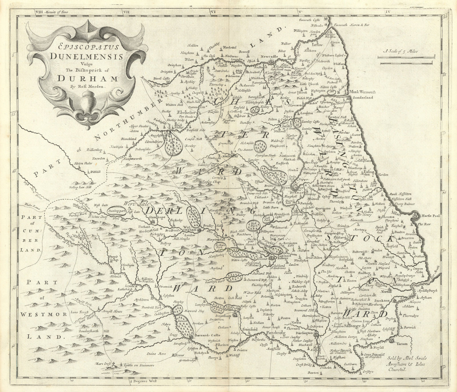 Bishopric of Durham. 'EPISCOPAIUS DUNELMENSIS' by ROBERT MORDEN 1722 old map