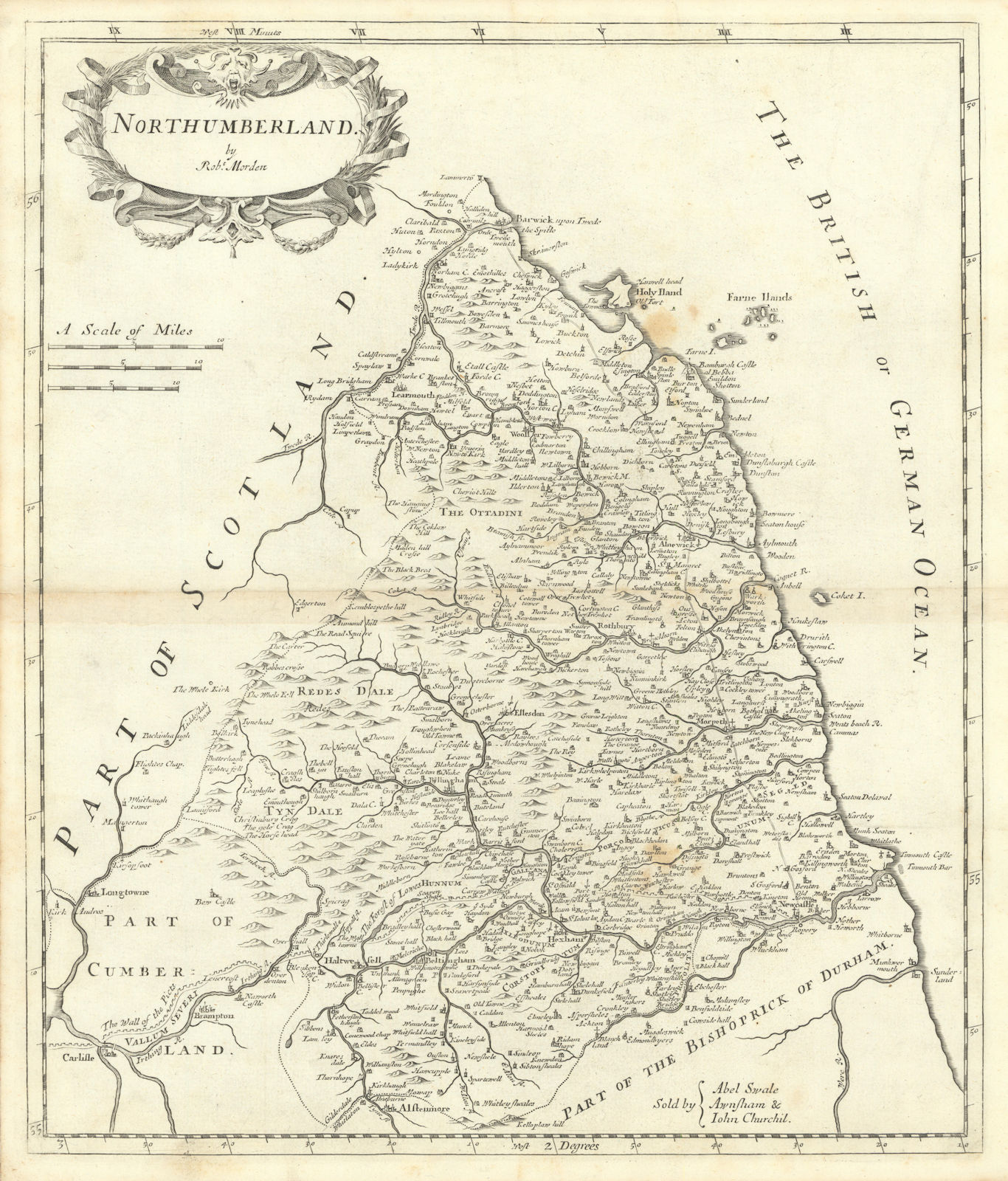 NORTHUMBERLAND by ROBERT MORDEN from Camden's Britannia 1722 old antique map