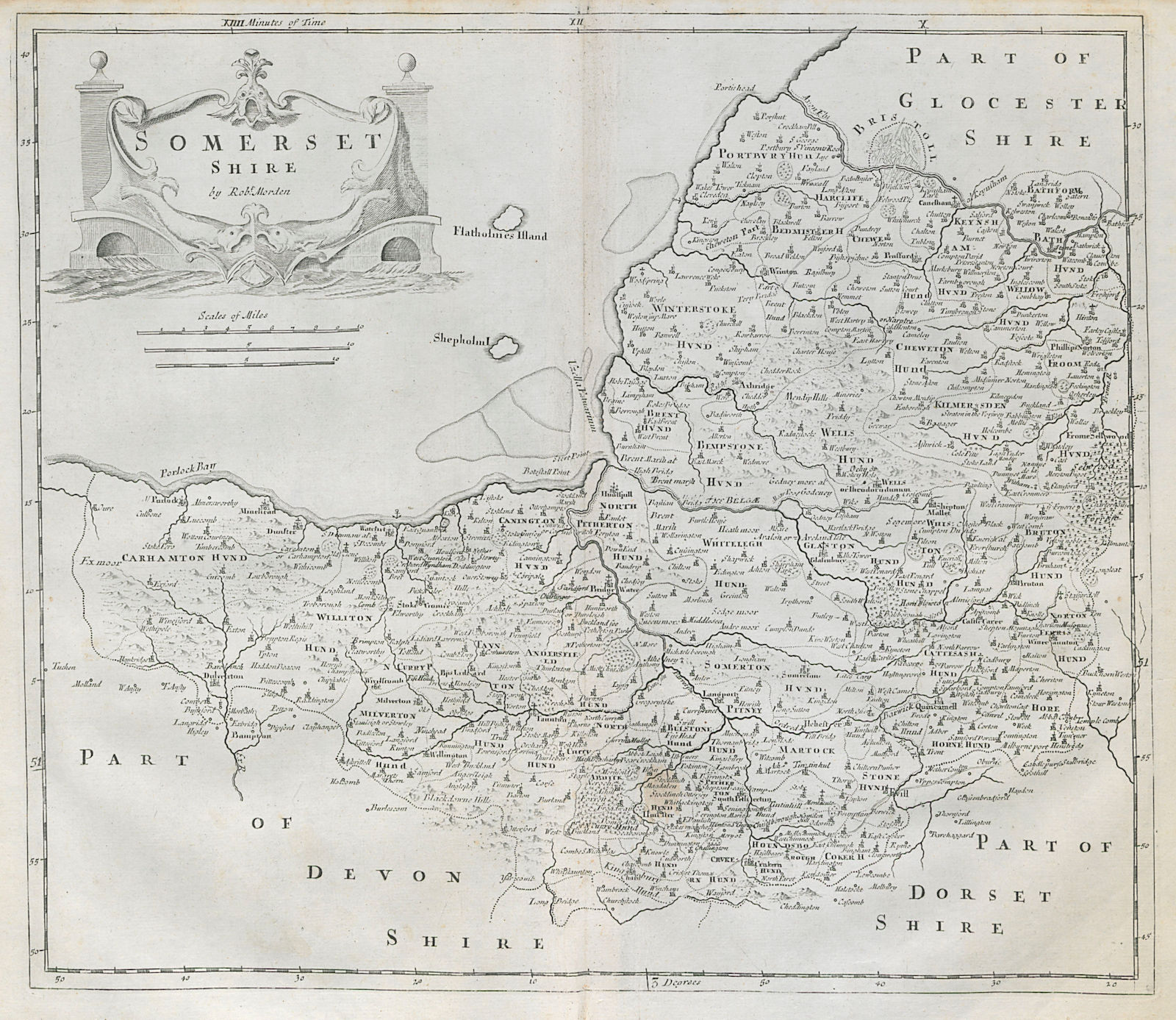 SOMERSET SHIRE by ROBERT MORDEN from Camden's Britannia. Bristol plan 1722 map