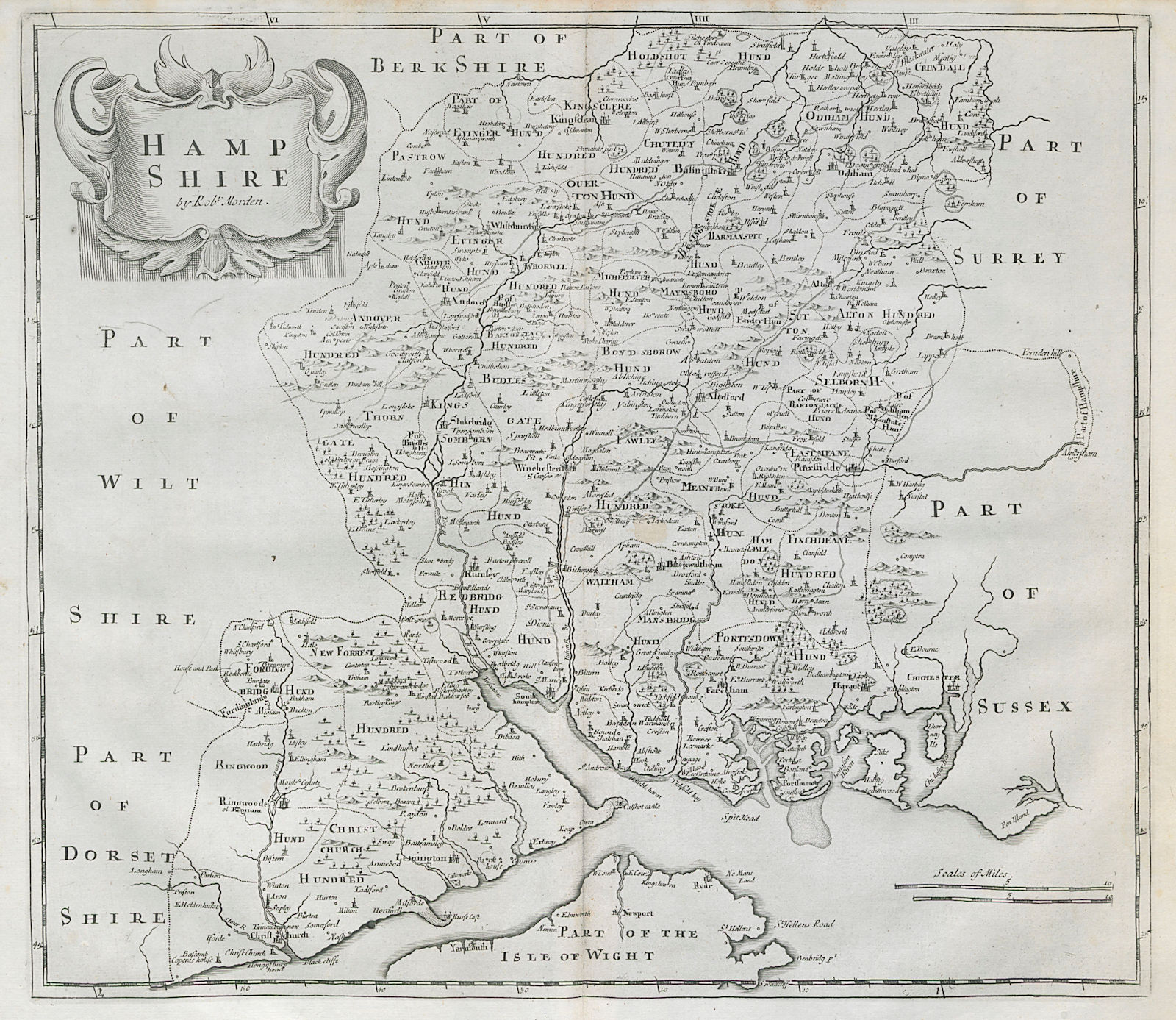 Hampshire. 'HAMP SHIRE' by ROBERT MORDEN from Camden's Britannia 1722 old map