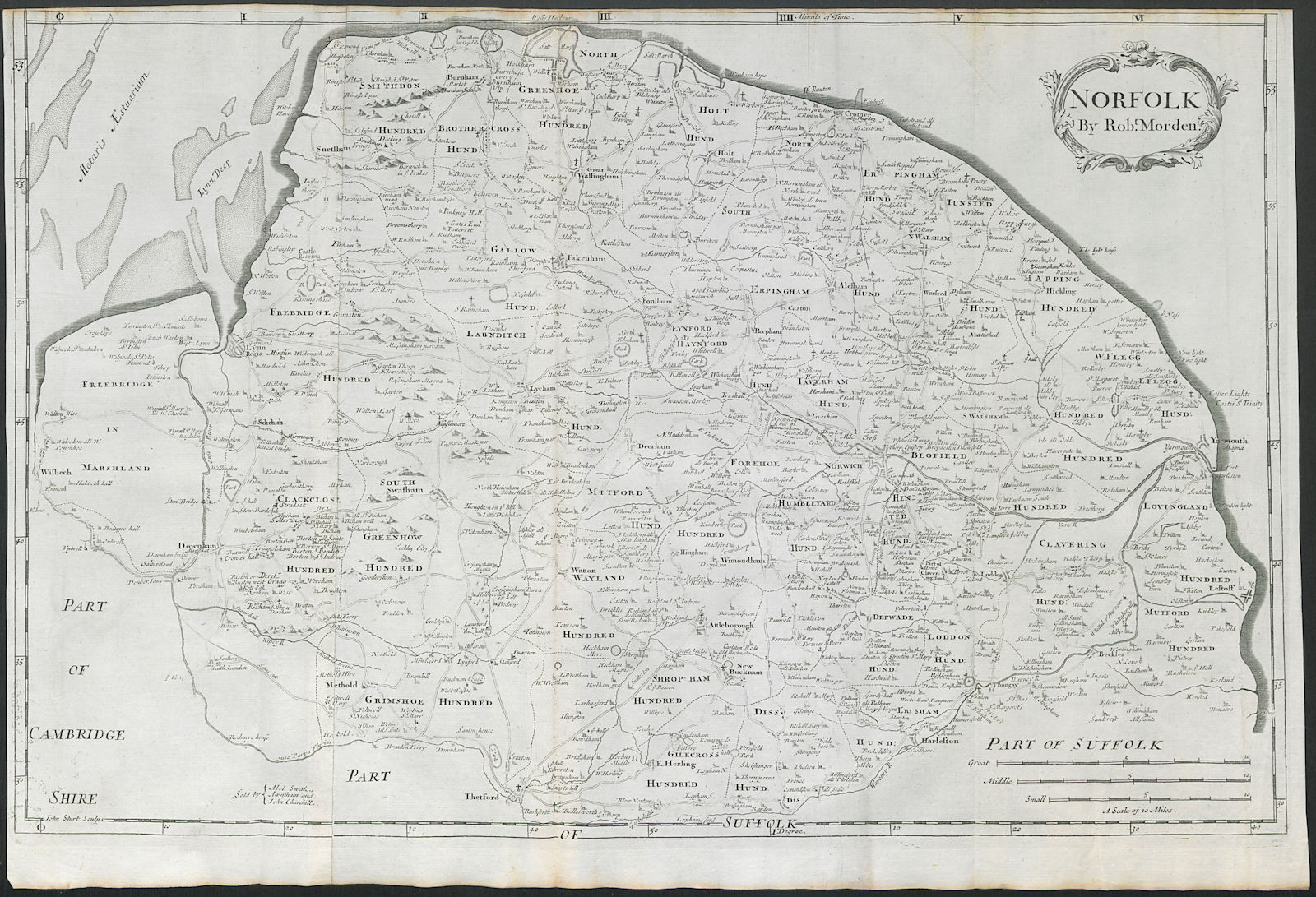 Norfolk by ROBERT MORDEN from Camden's Britannia 1722 old antique map chart
