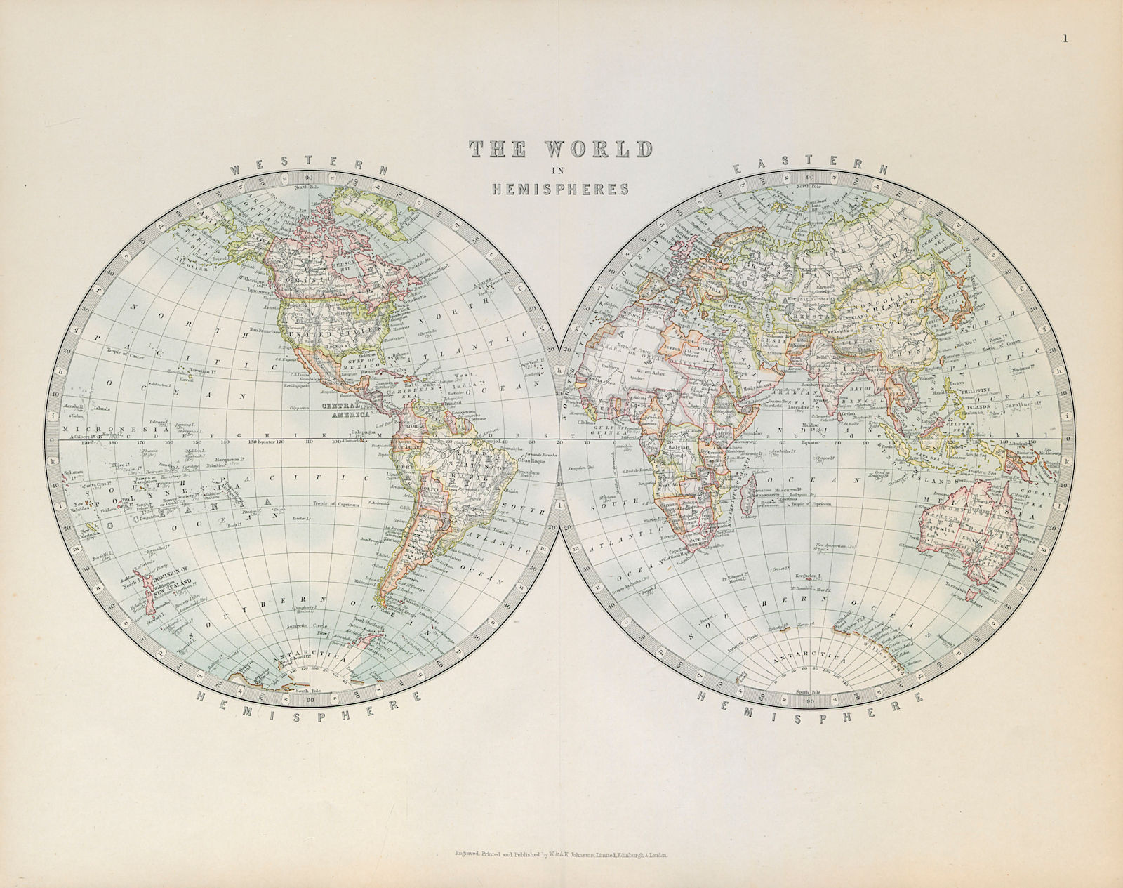 WORLD IN TWIN HEMISPHERES. Western & Eastern Hemispheres. JOHNSTON 1915 map