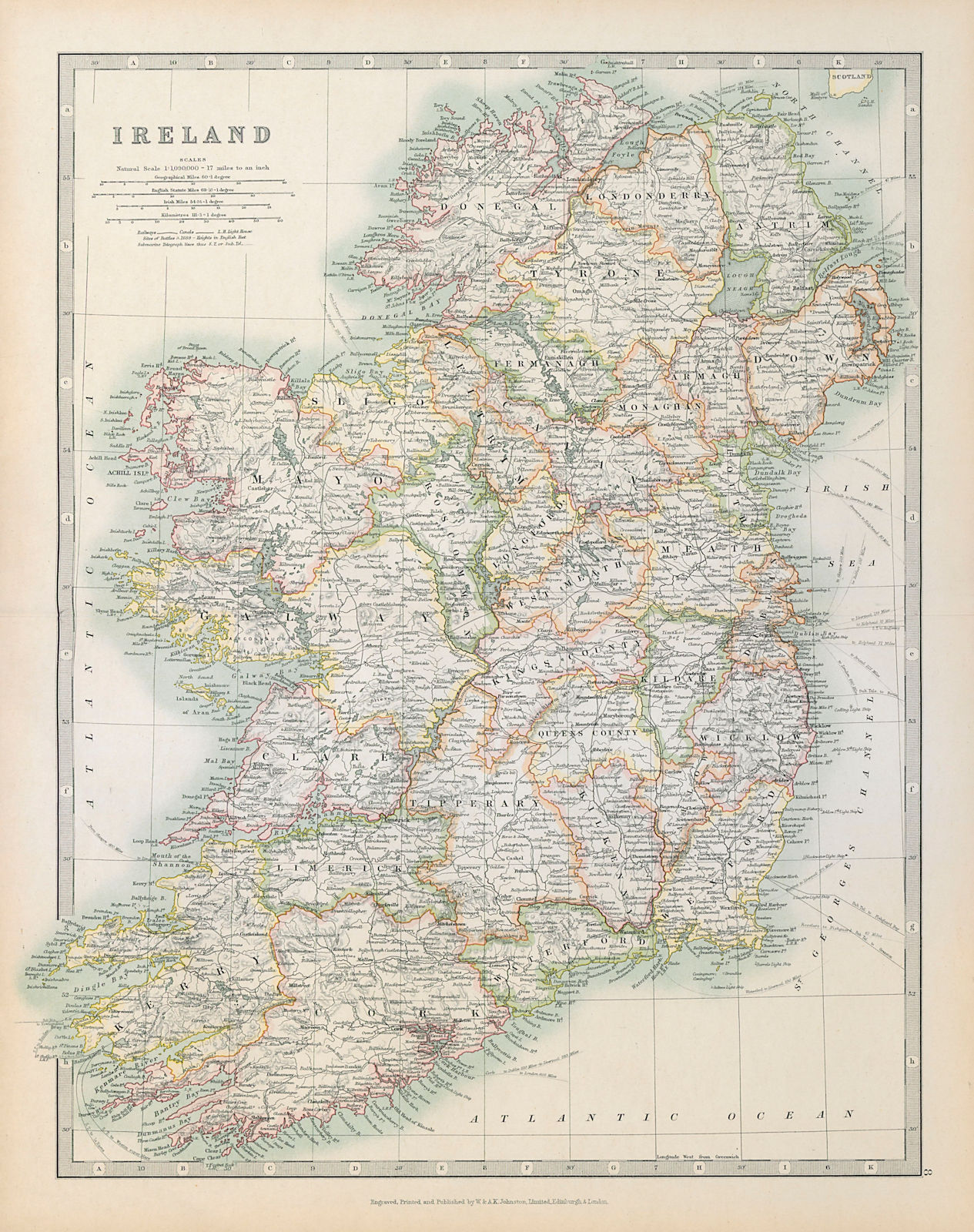 IRELAND showing battlefields and dates. JOHNSTON 1915 old antique map chart