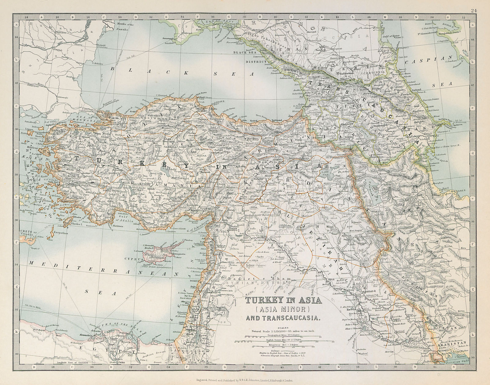 TURKEY IN ASIA & TRANSCAUCASIA. Asia Minor Georgia Armenia. JOHNSTON 1915 map