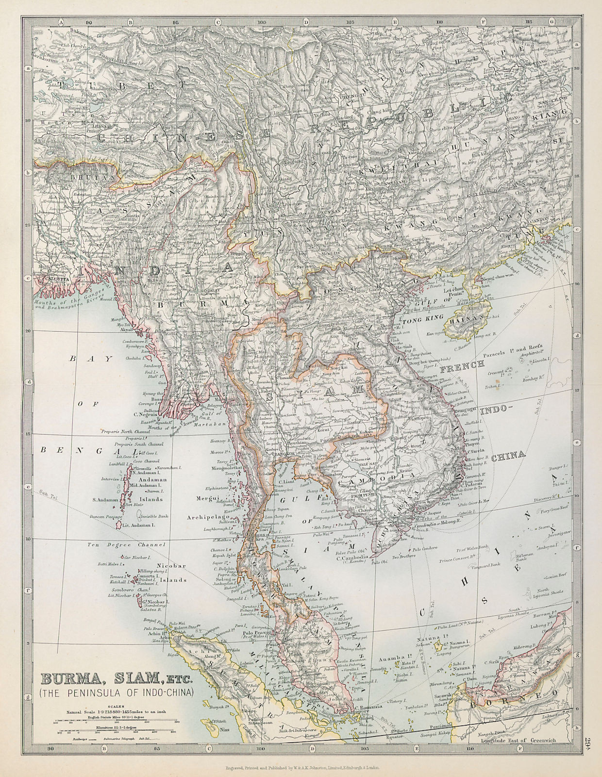 INDOCHINA. Siam Burma Annam Cambodia Tong King Southern China. JOHNSTON 1915 map