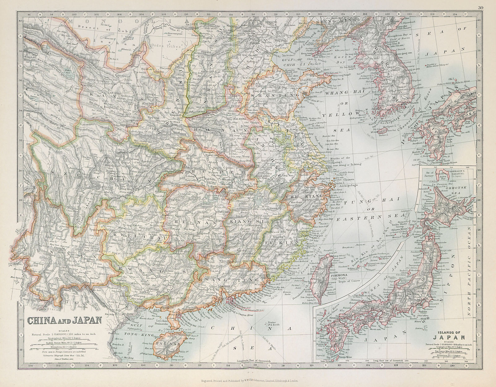 CHINA & JAPAN showing Opium Wars battlefields & dates. JOHNSTON 1915 old map