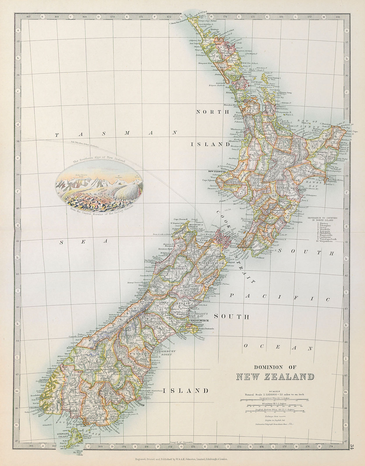 DOMINION OF NEW ZEALAND in counties. Godley Glacier vignette. JOHNSTON 1915 map