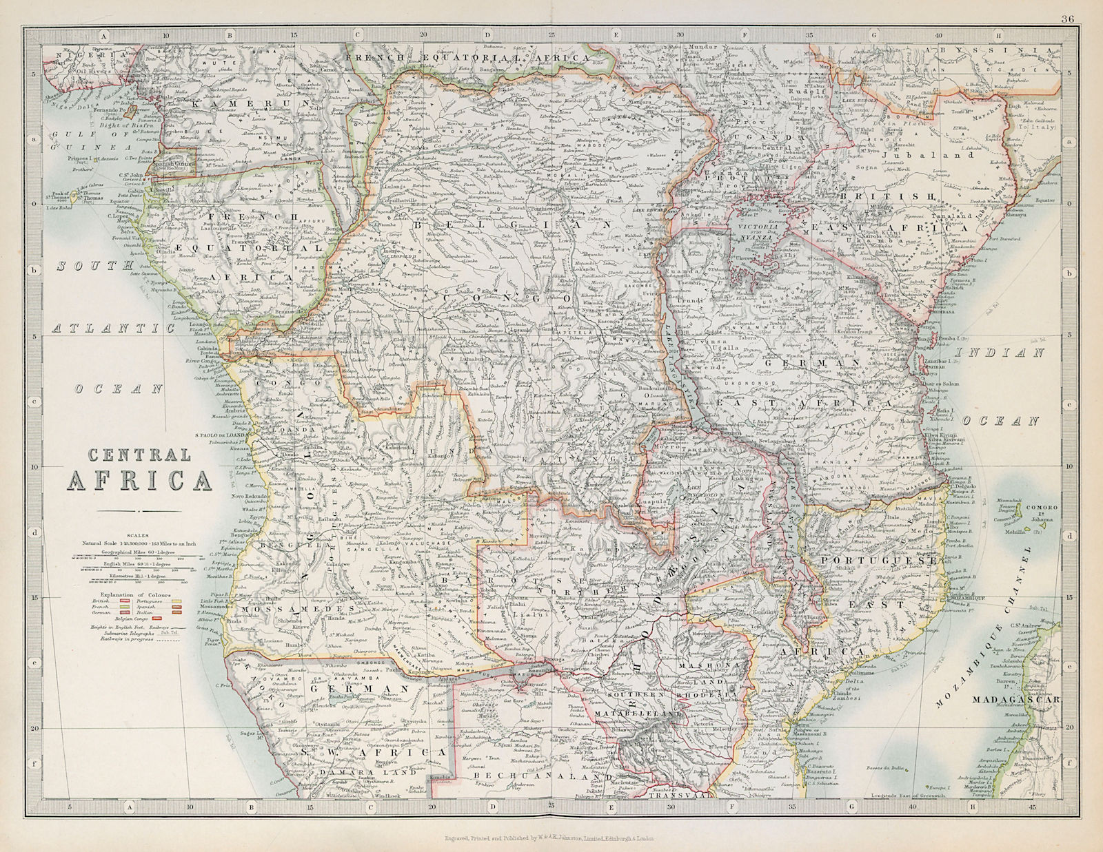 COLONIAL CENTRAL AFRICA. Kenya Tanzania Belgian Congo Angola. JOHNSTON 1915 map