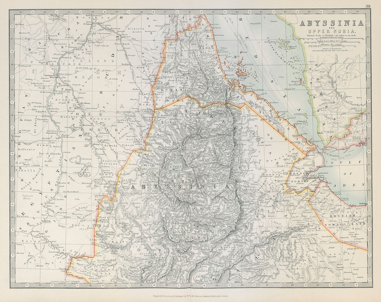 ABYSSINIA & UPPER NUBIA. Ethiopia Eritrea French Somaliland. JOHNSTON 1915 map