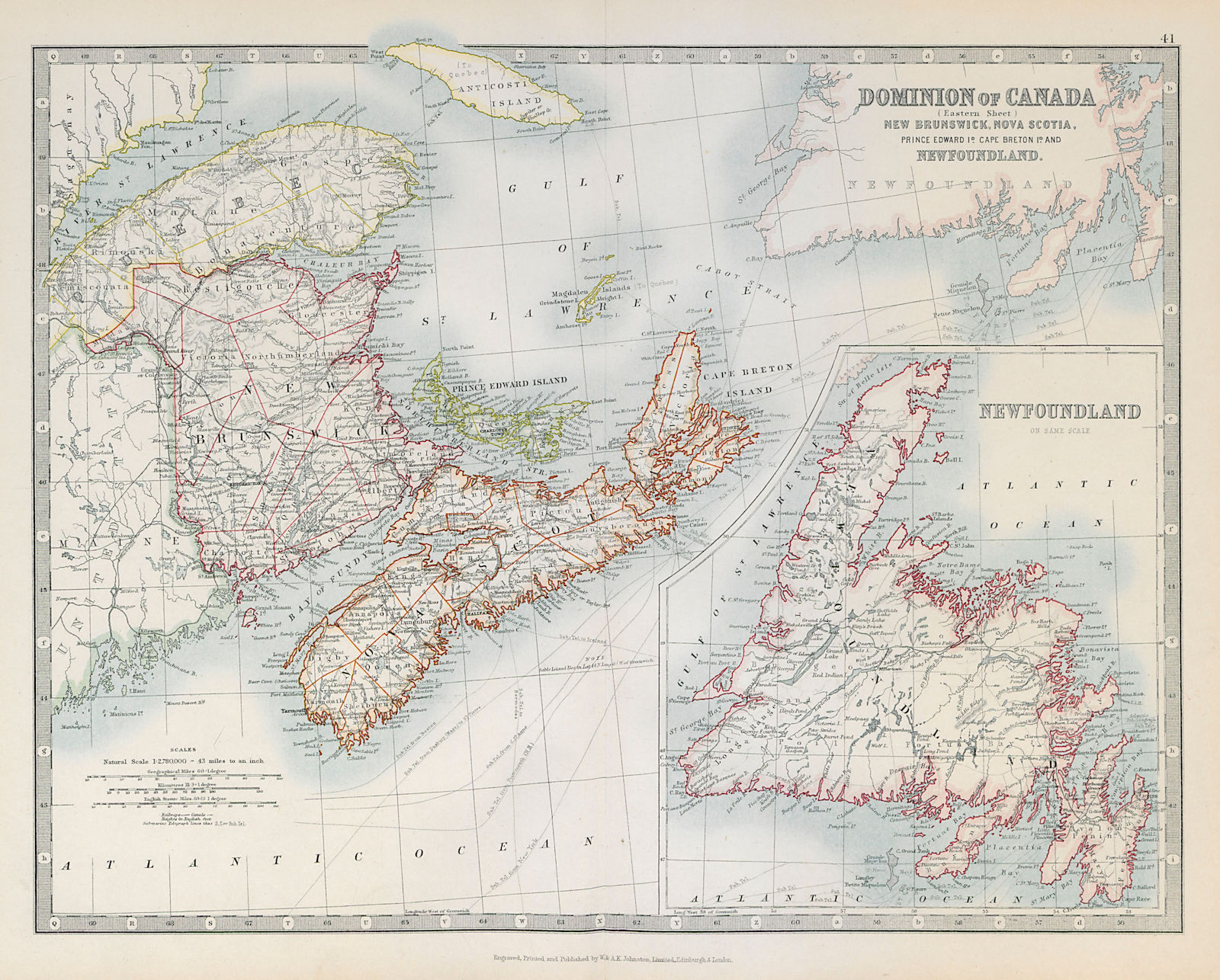 CANADA MARITIMES Newfoundland Nova Scotia Prince New Brunswick JOHNSTON 1915 map