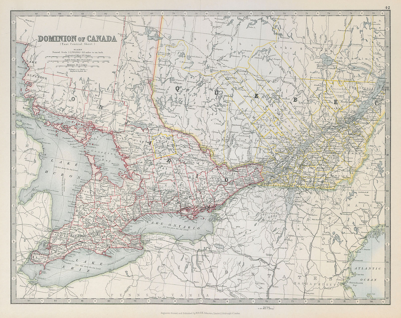 QUEBEC & ONTARIO. Lake Huron Lake Erie Lake Ontario. Canada. JOHNSTON 1915 map