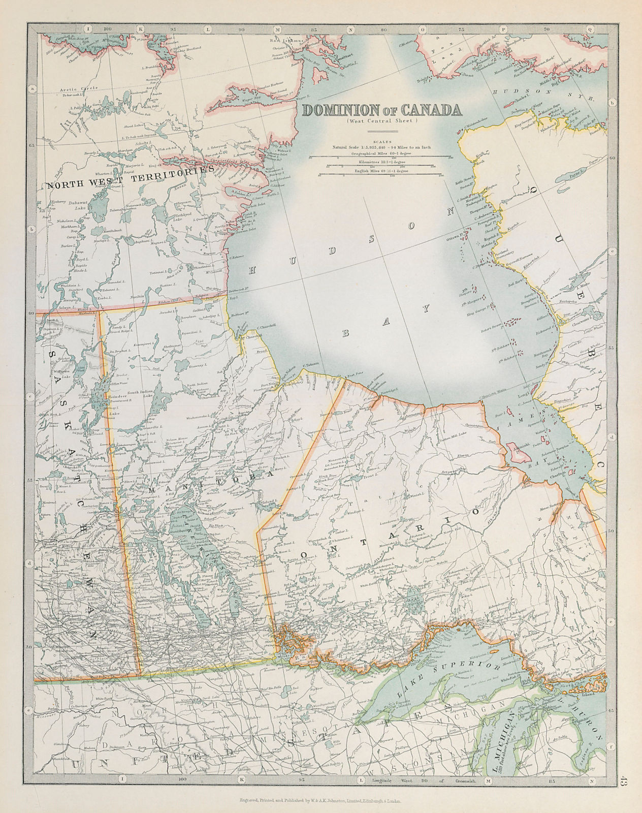 HUDSON BAY & CENTRAL CANADA. Manitoba. Northern Ontario. JOHNSTON 1915 old map
