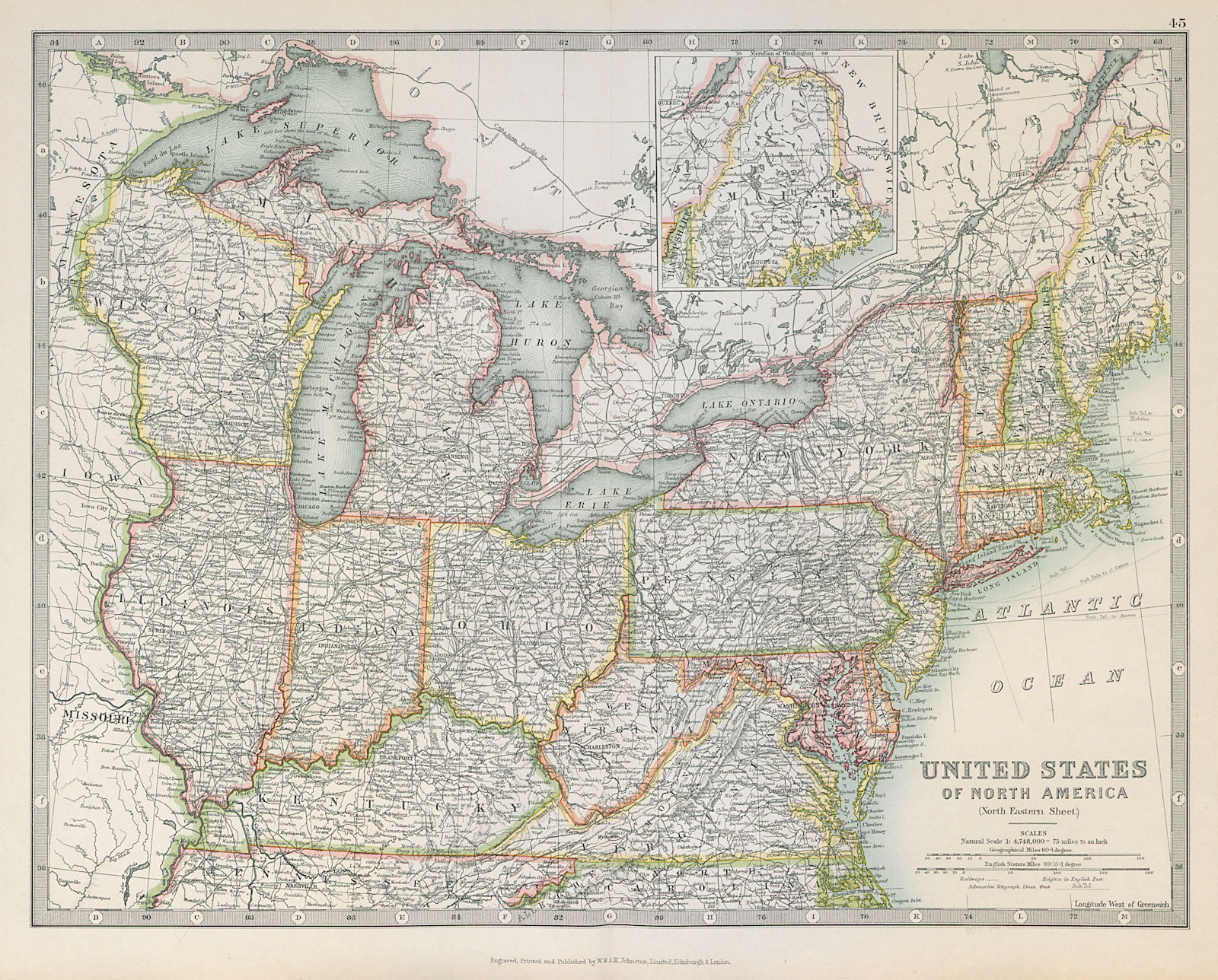 NORTH EASTERN UNITED STATES. Great Lakes. MidWest. USA. JOHNSTON 1915 old map